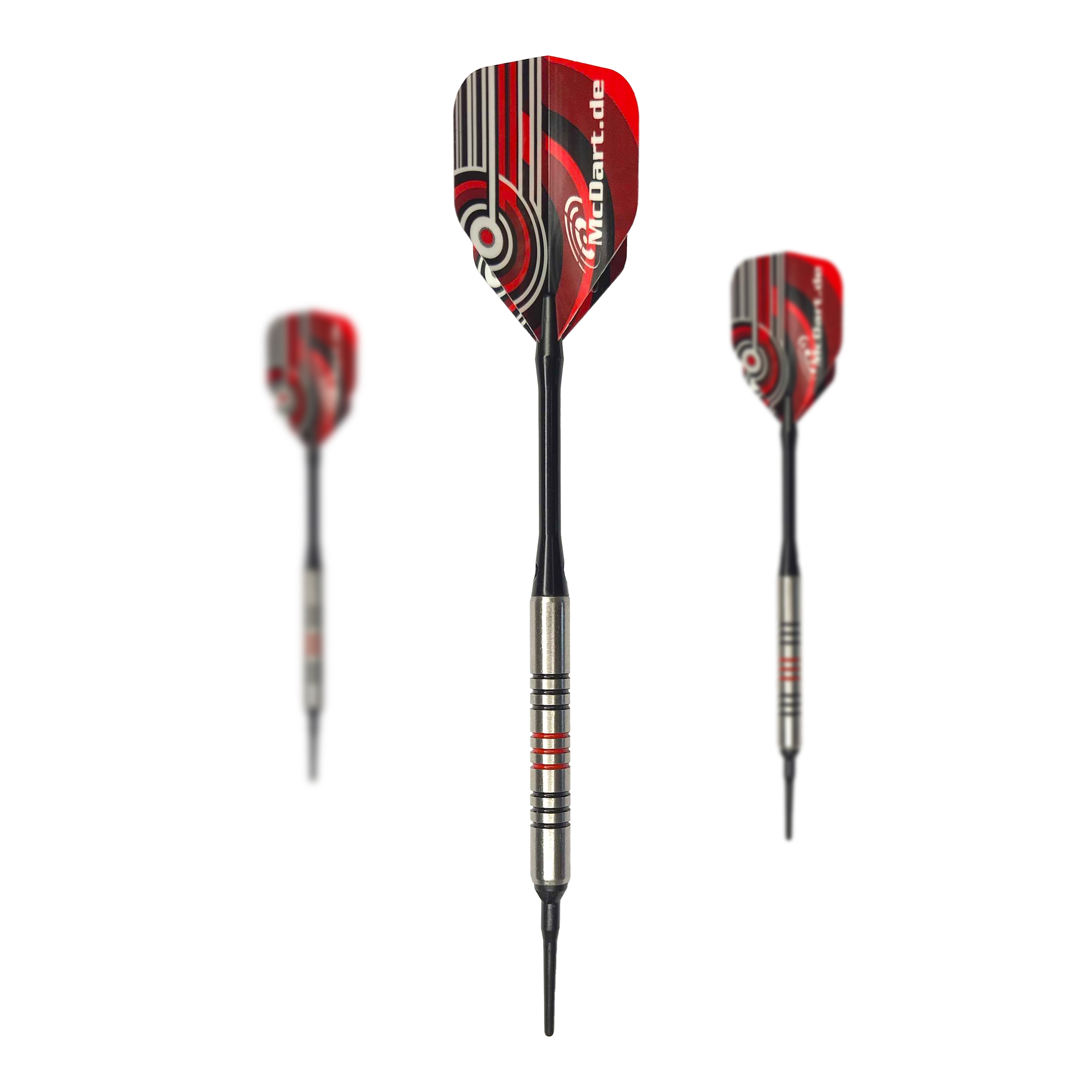 Fléchettes souples McDart 85 Tungstène V11 - 17,5 g Das Bild zeigt drei Softdarts des Modells "McDart 85er Tungsten V11" mit einem Gewicht von 17,5 g. Die Darts haben einen silbernen Barrel mit roten Ringen und rote Flights mit grafischem Muster.