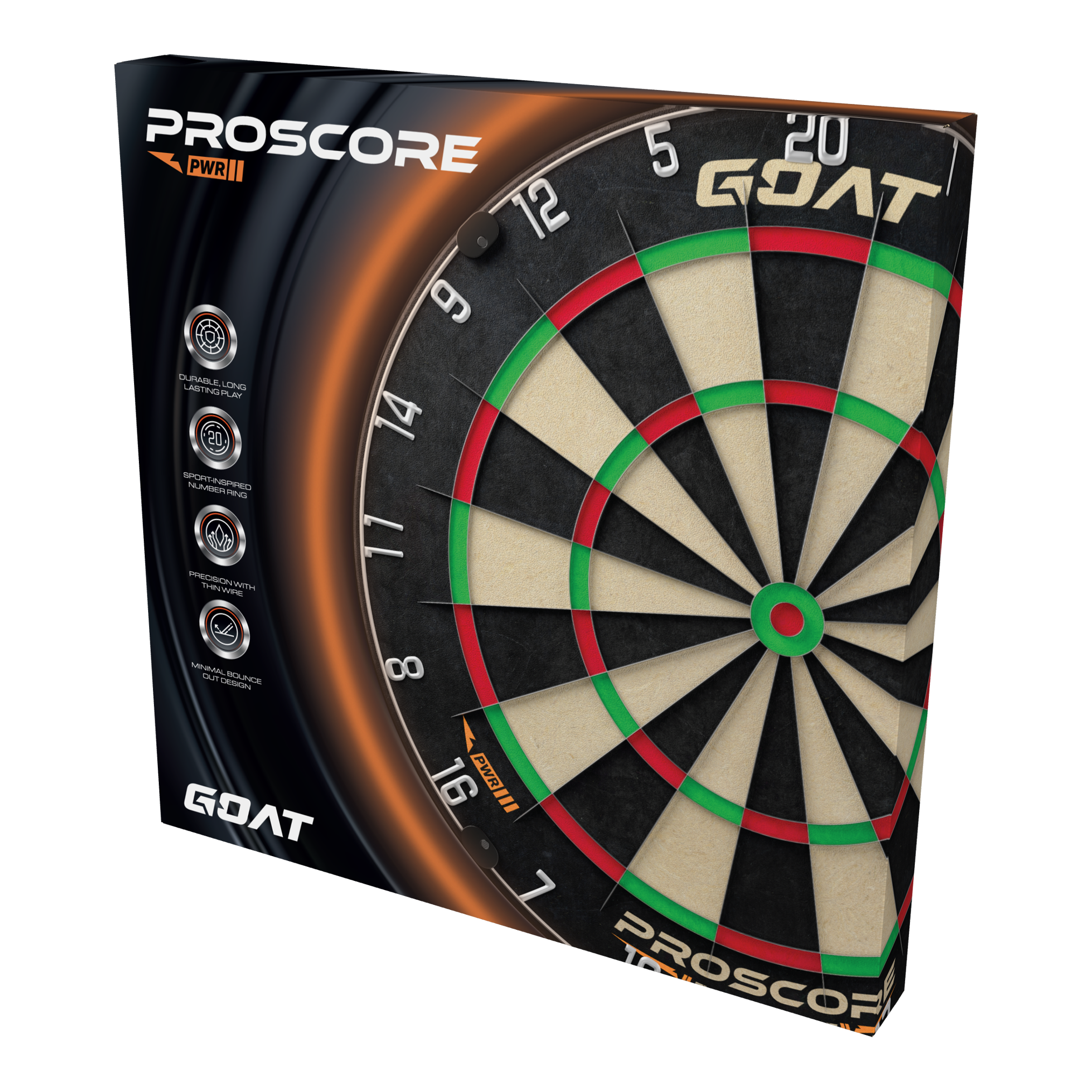 Die Abbildung zeigt das Produkt „GOAT Proscore PWR Steeldartboard“ in seiner Verpackung. Auf der Box sind das Dartboard und verschiedene Produkthighlights sichtbar.