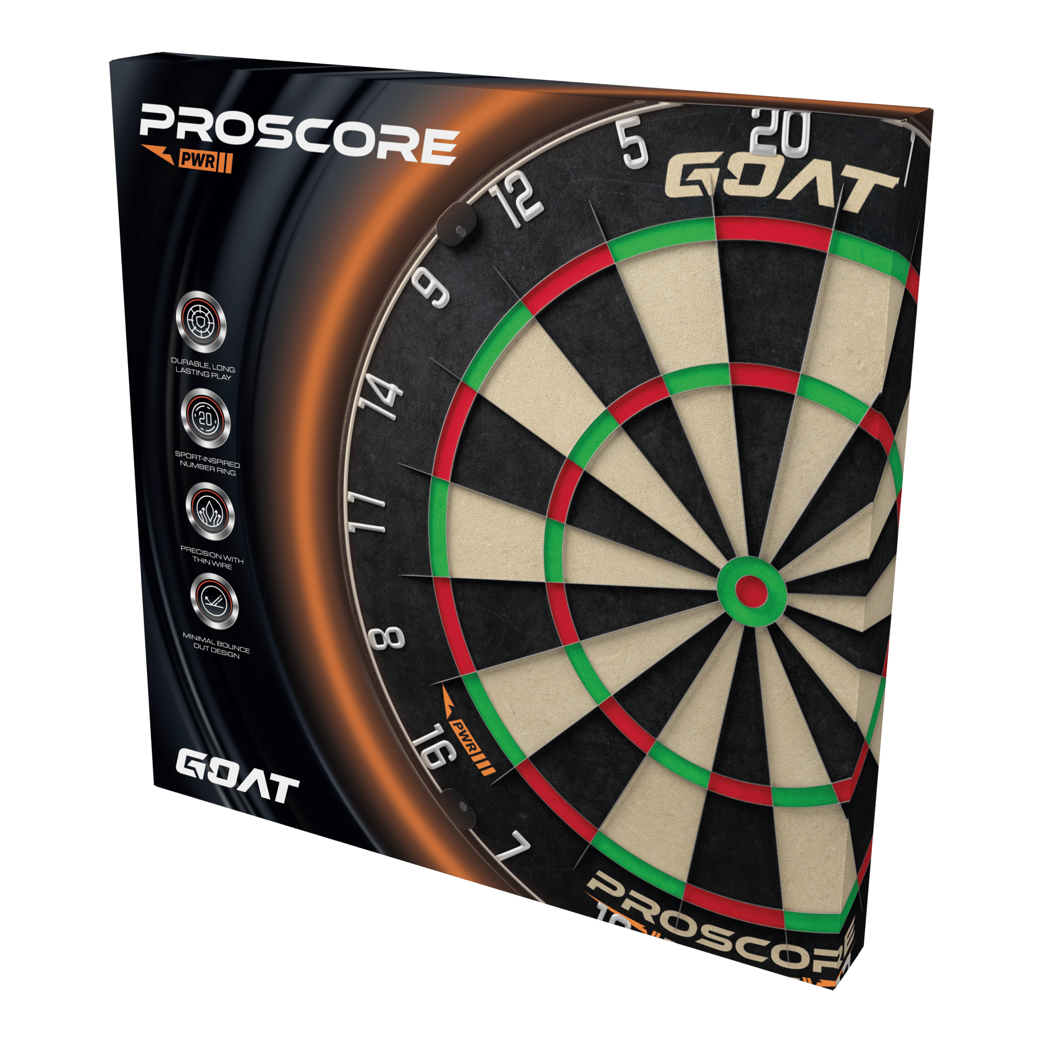 Cible de fléchettes en acier GOAT Proscore PWR Die Abbildung zeigt das Produkt „GOAT Proscore PWR Steeldartboard“ in seiner Verpackung. Auf der Box sind das Dartboard und verschiedene Produkthighlights sichtbar.