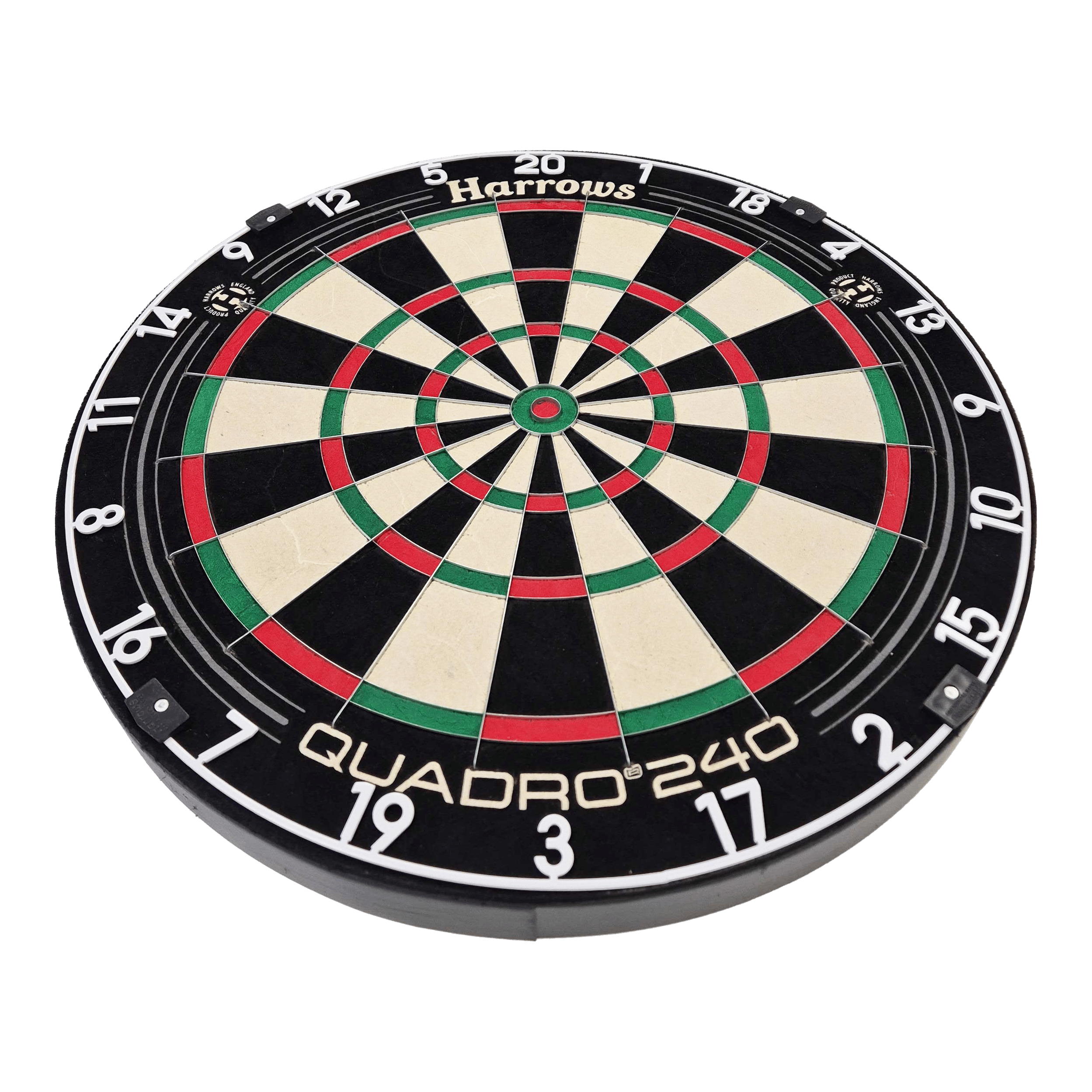 Cible de fléchettes en acier Harrows Quadro 240 Das Bild zeigt das Steeldartboard "Harrows Quadro 240". Die Dartscheibe ist rund und in verschiedene farbige Segmente unterteilt.