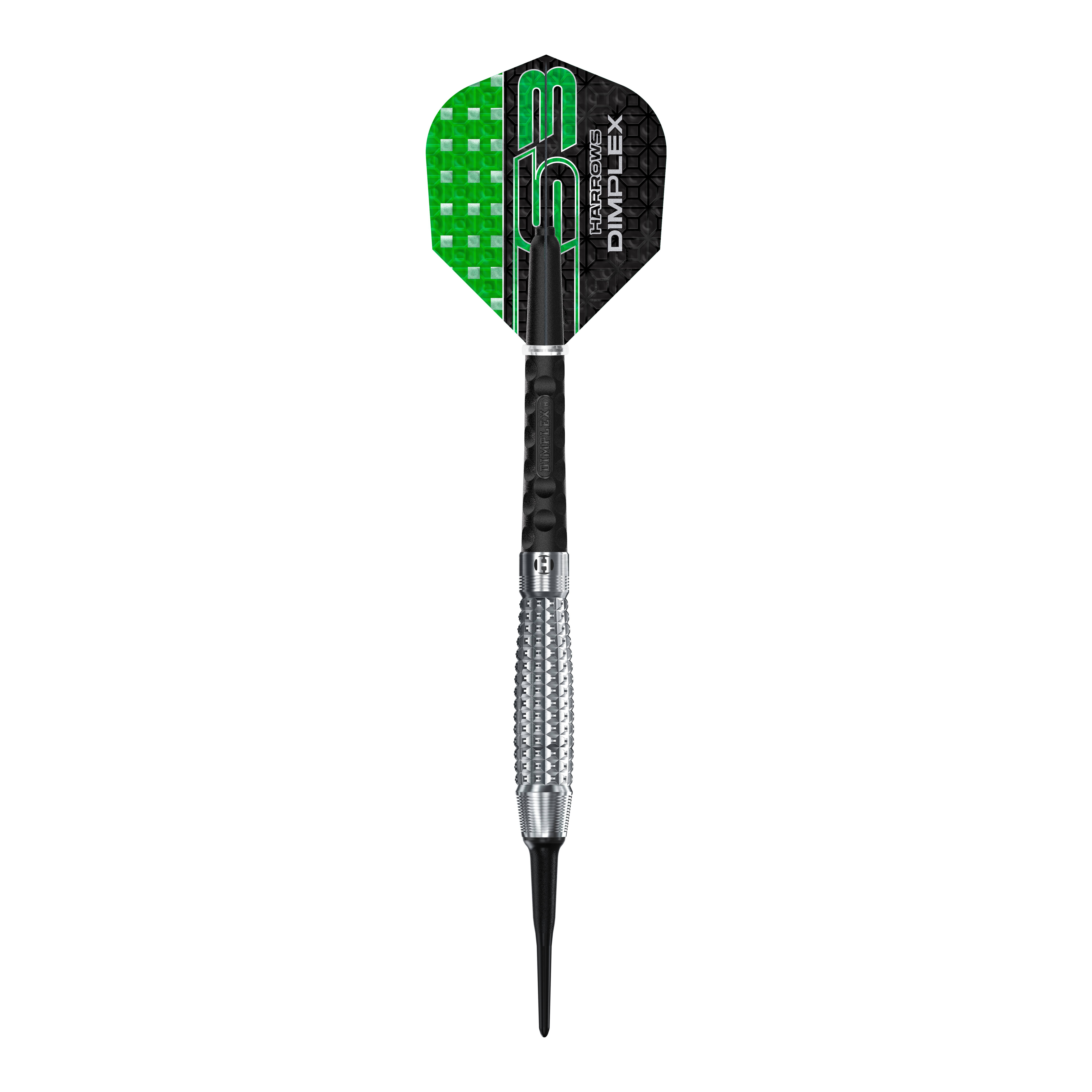 Fléchettes souples Harrows Dimplex S3 Bomb Das Bild zeigt einen Harrows Dimplex S3 Bomb Softdart. Der Dart hat eine schwarze und grüne Flight sowie einen silbernen, geriffelten Barrel.
