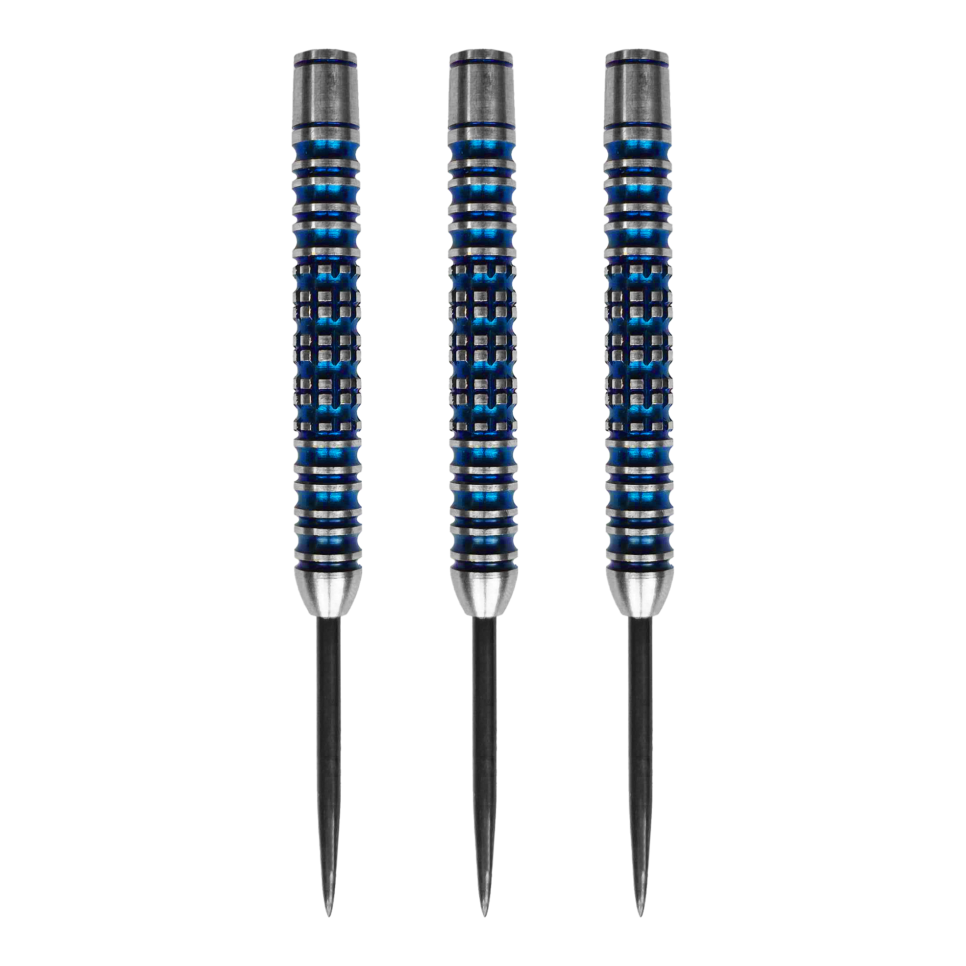 Flèches McDart Ocean Steeldart Barrels - 23 g Das Bild zeigt drei McDart Ocean Steeldart Barrels mit einem Gewicht von 23g. Die Barrels sind silberfarben mit blauen Rillen und haben eine strukturierte Oberfläche.