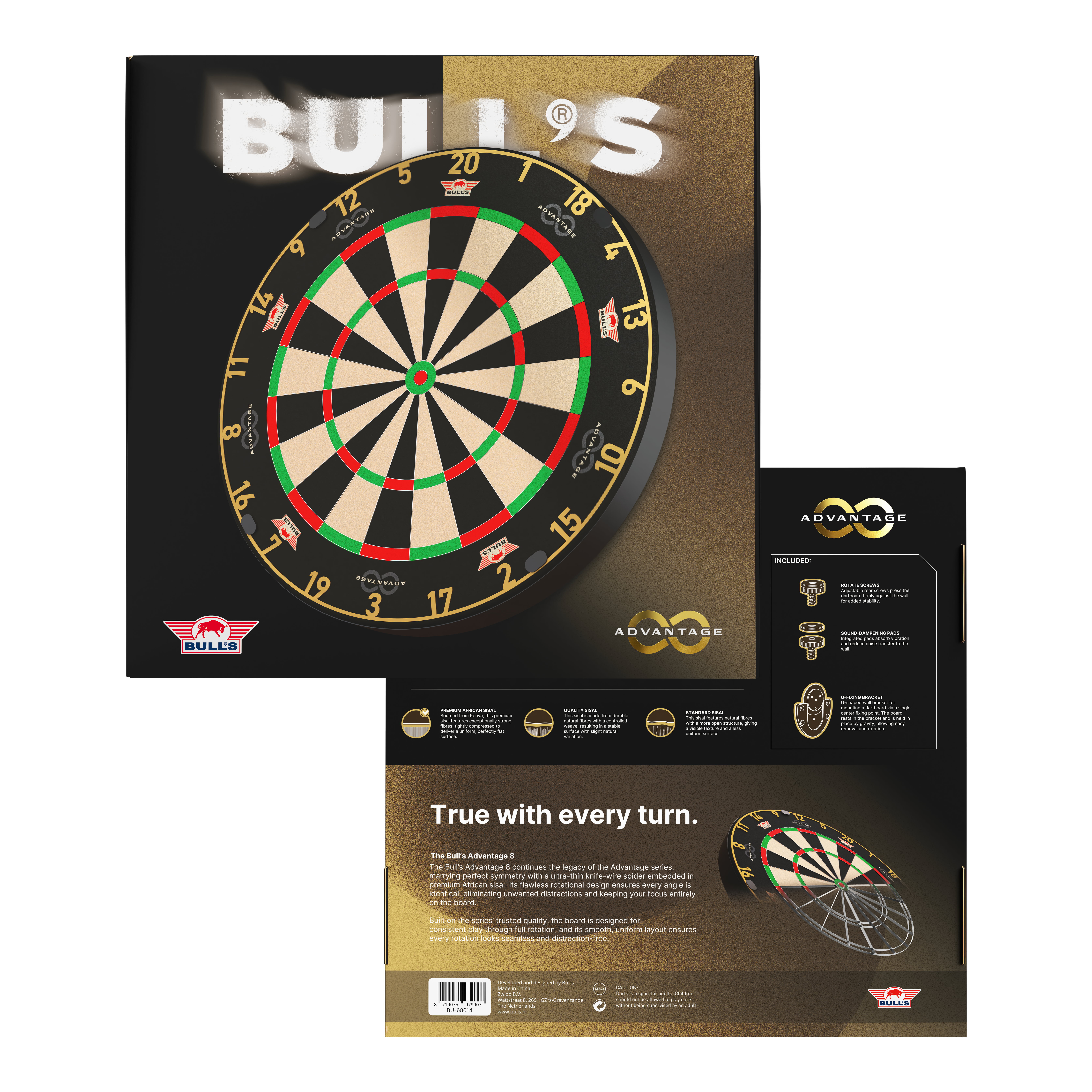Zu sehen ist das Bulls NL Advantage 8 Steeldartboard. Die Steeldartscheibe besteht aus robustem Material für lange Spielzeiten.