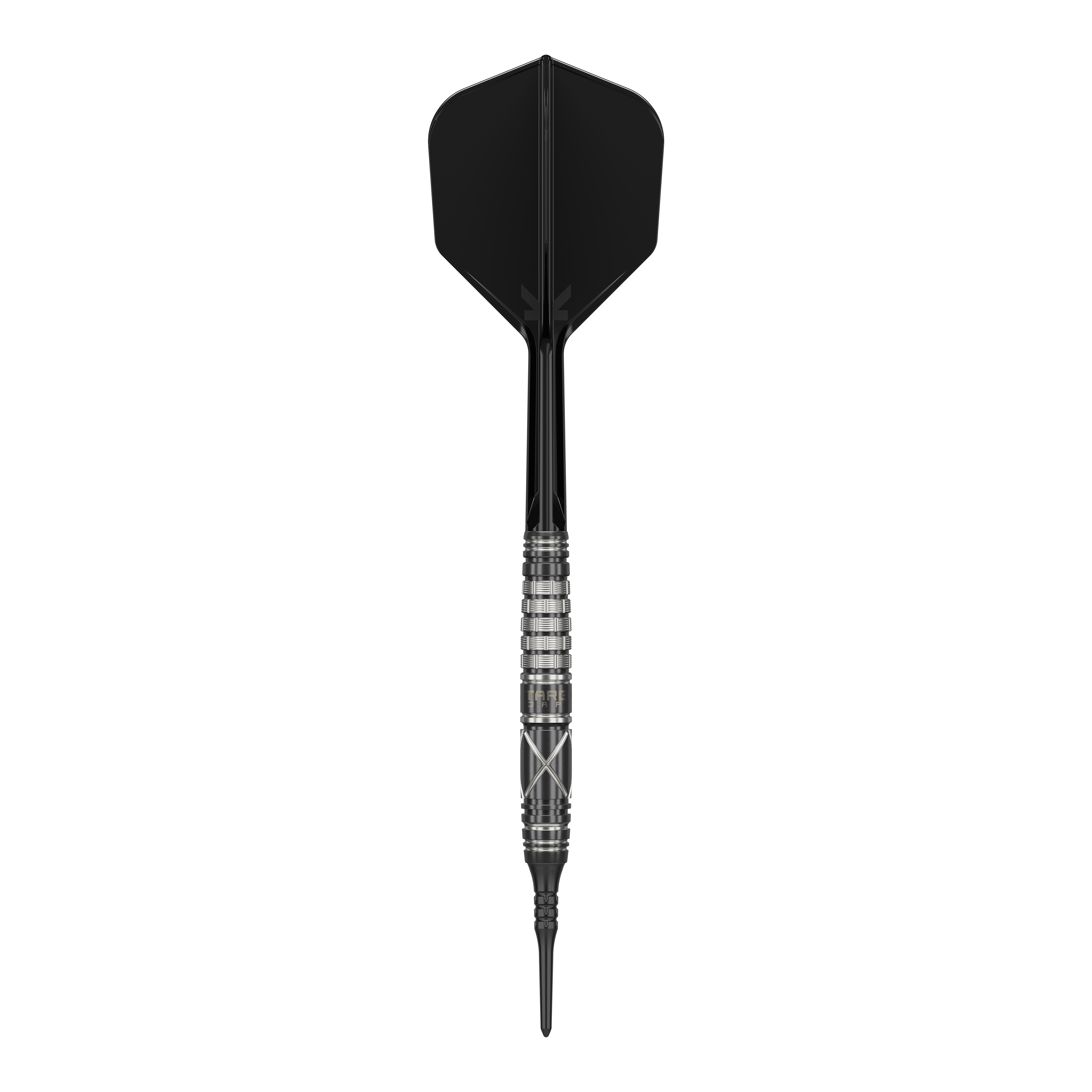 Fléchettes souples Target Japan Black Marque Chaos 2 - 19 g Das Bild zeigt einen Softdart namens "Target Japan Black Marque Chaos 2" mit einem Gewicht von 19 Gramm. Der Dart hat ein elegantes, schwarzes Design mit silbernen Akzenten am Griff.