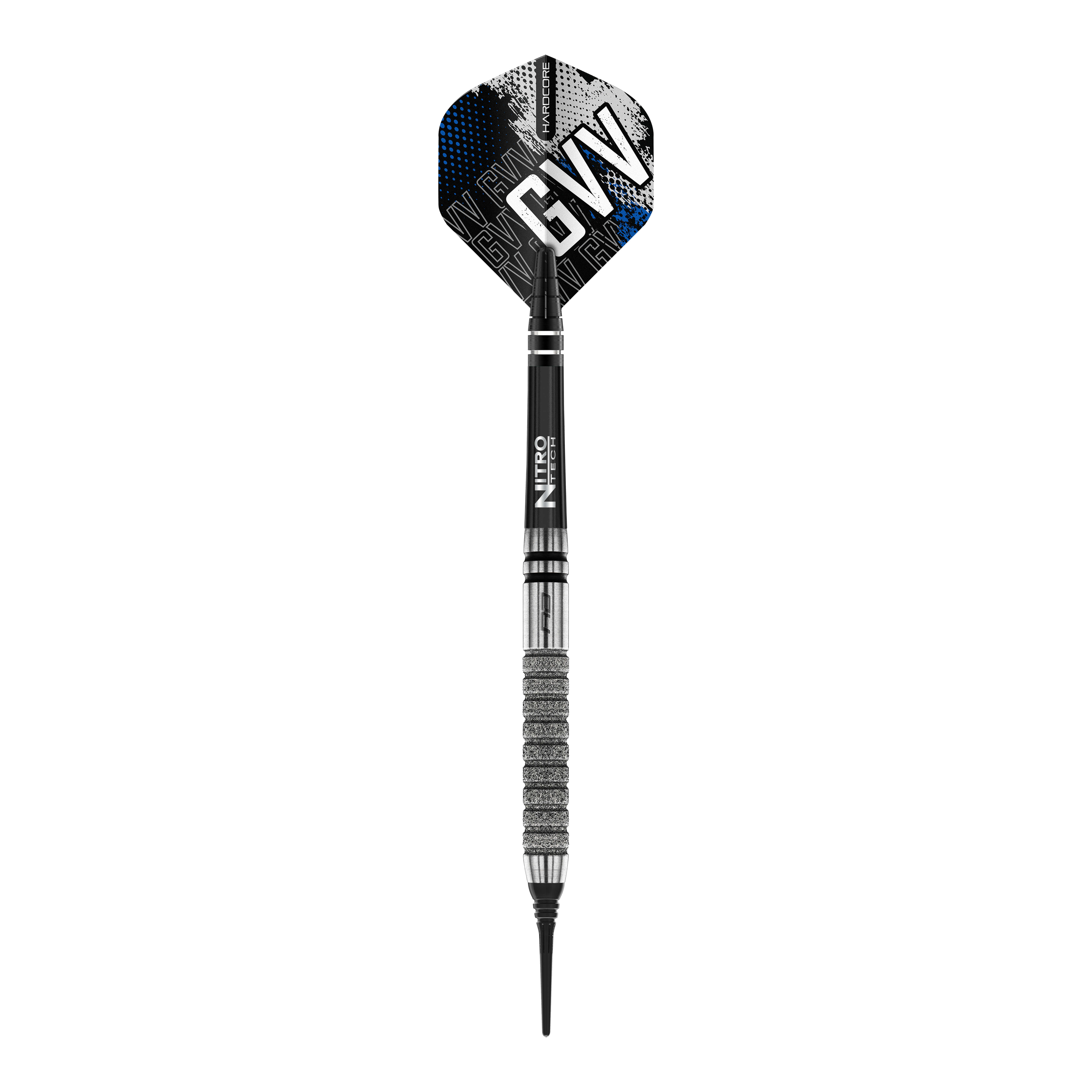 Fléchettes souples Red Dragon Gian Van Veen Tour Edition - 20 g Dies ist ein Softdart aus der Serie "Red Dragon Gian Van Veen Tour Edition" mit einem Gewicht von 20g. Der Dart hat ein modernes Design mit silbernen und schwarzen Elementen sowie den Initialen "GVV" auf dem Flight.