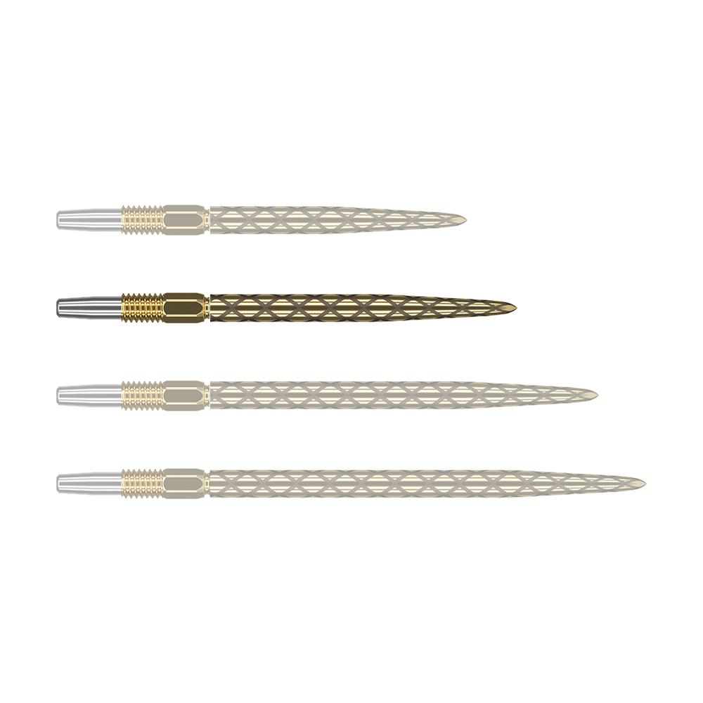 Pointes de fléchettes Target Swiss Diamond Pro Gold Das Bild zeigt vier goldfarbene Dartspitzen mit silberner Spitze, die nebeneinander liegen. Die Oberflächen der Dartspitzen haben ein rautenförmiges Muster.