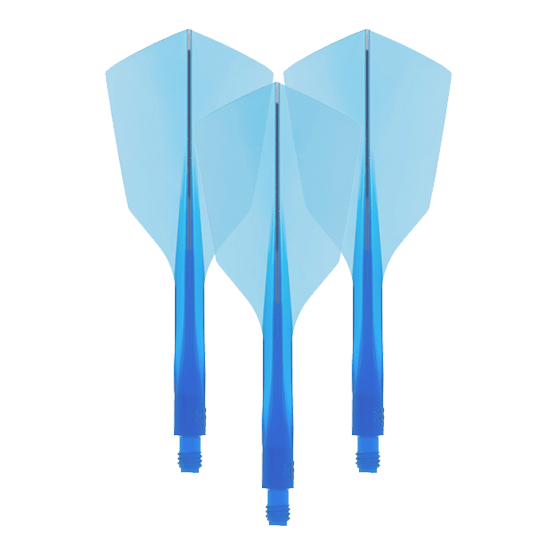 Condor Ax 120 Flight System Bleu clair - Étroit Das Bild zeigt drei blaue Dart-Flights mit integriertem Schaft. Es handelt sich um das Produkt "Condor Axe 120 Flight-System Clear Blue - Narrow".