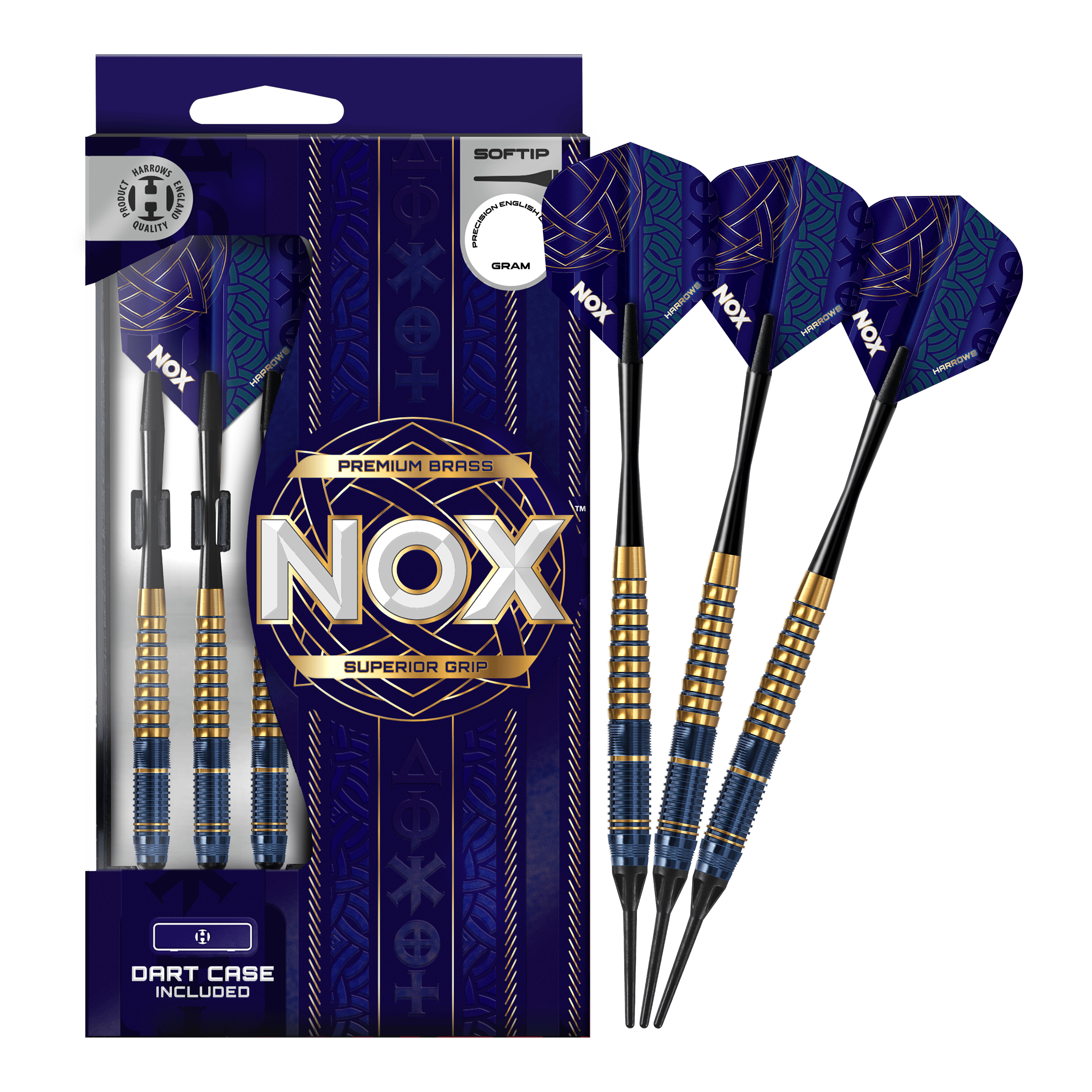 Fléchettes souples en laiton premium Harrows Nox Das Bild zeigt die Harrows Nox Premium Brass Softdarts. Es handelt sich um hochwertige Dartpfeile für Softdart-Spieler.