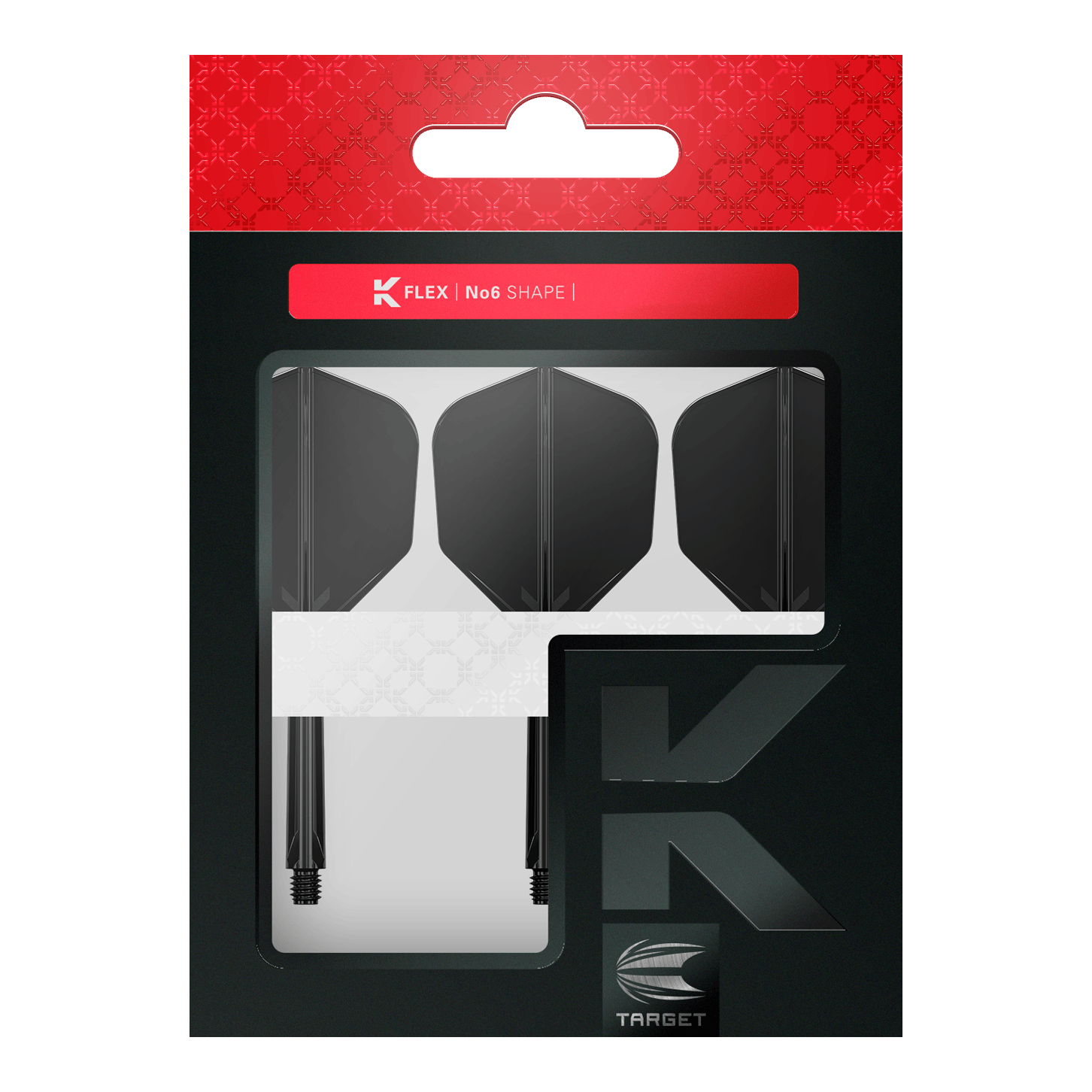 Système de vol Target K-Flex n° 6 - Noir Dieses Bild zeigt eine Packung mit schwarzen Dart-Flights und Schäften von der Marke Target. Die Verpackung ist überwiegend schwarz mit einem roten Abschnitt oben und trägt die Aufschrift "K Flex No6 Shape".