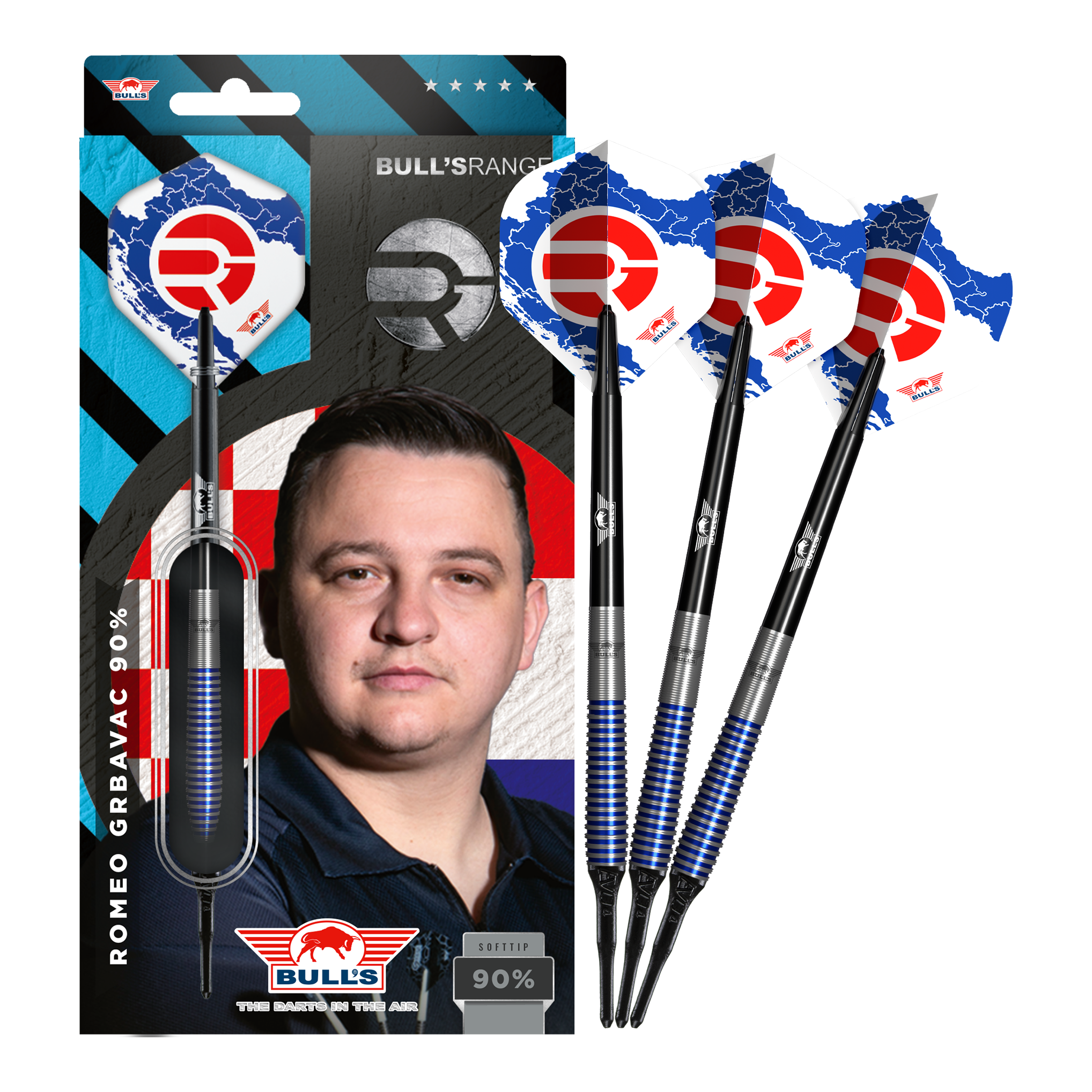 Fléchettes souples Bulls NL Romeo Grbavac - 19 g Das Bild zeigt das Produkt "Bulls NL Romeo Grbavac Softdarts- 19g" mit einer Verpackung, auf der ein Porträt des Spielers abgebildet ist. Neben der Verpackung sind drei Softdarts mit blau-schwarzen Schäften und auffälligen Flights zu sehen.