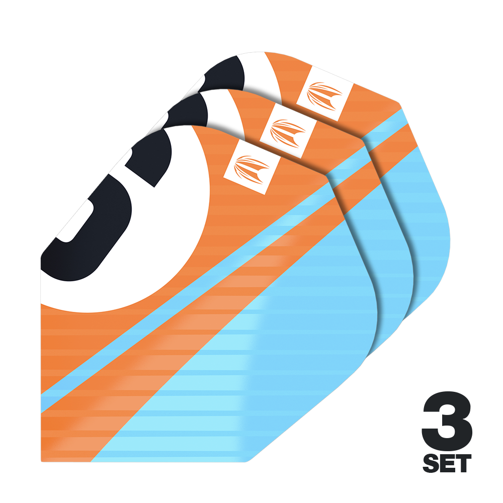 Ailettes Target Pro Ultra Chicane Orange No6 - 3 jeux Das Bild zeigt drei Sets von Target Pro Ultra Chicane Orange No6 Flights für Dartpfeile. Die Flights sind in Orange, Blau und Schwarz gestaltet und tragen das Target-Logo.