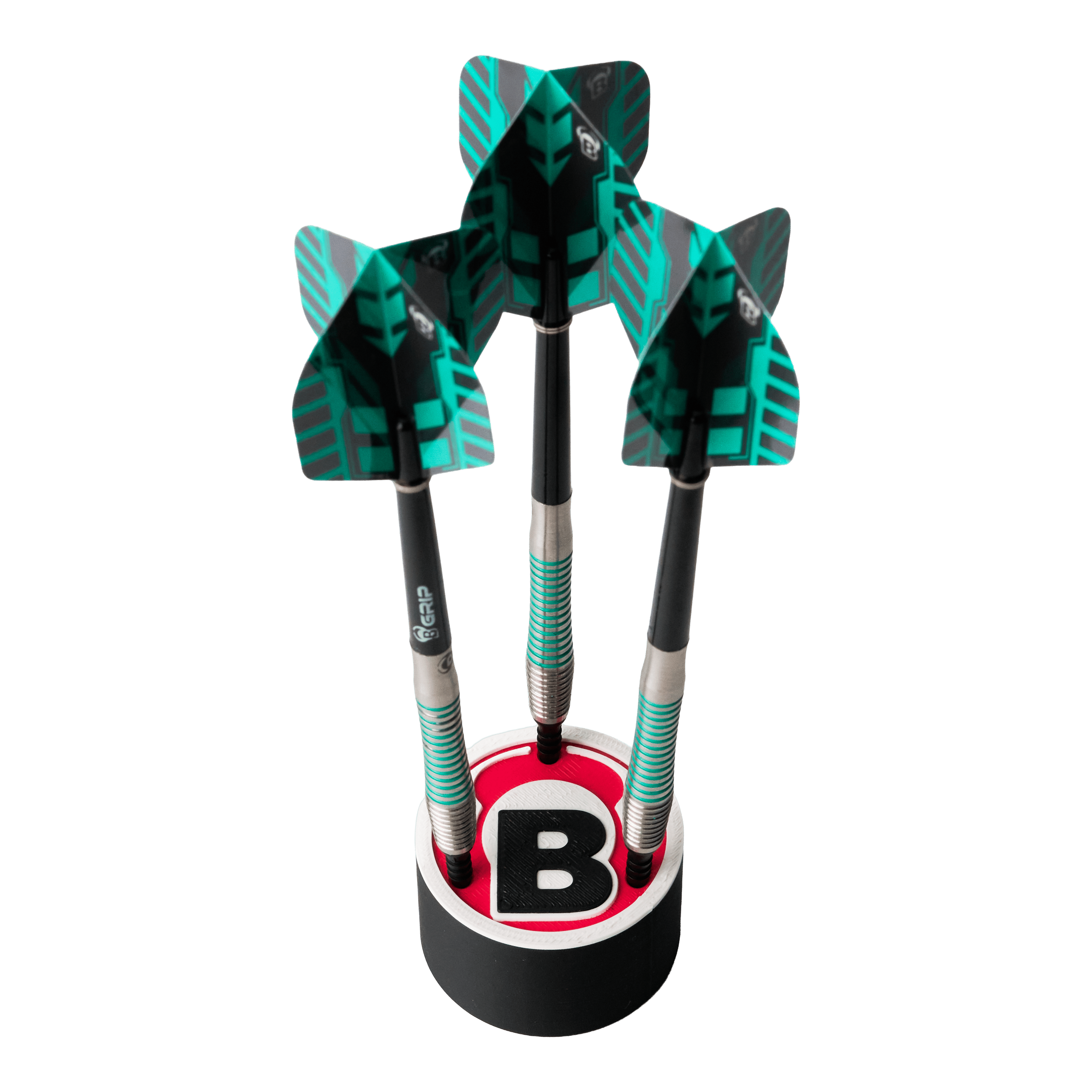 Porte-fléchettes rond avec logo Bulls Das Bild zeigt drei Darts, die in einem runden Halter mit dem Bulls-Logo stehen. Die Flights der Darts sind schwarz und grün gemustert.