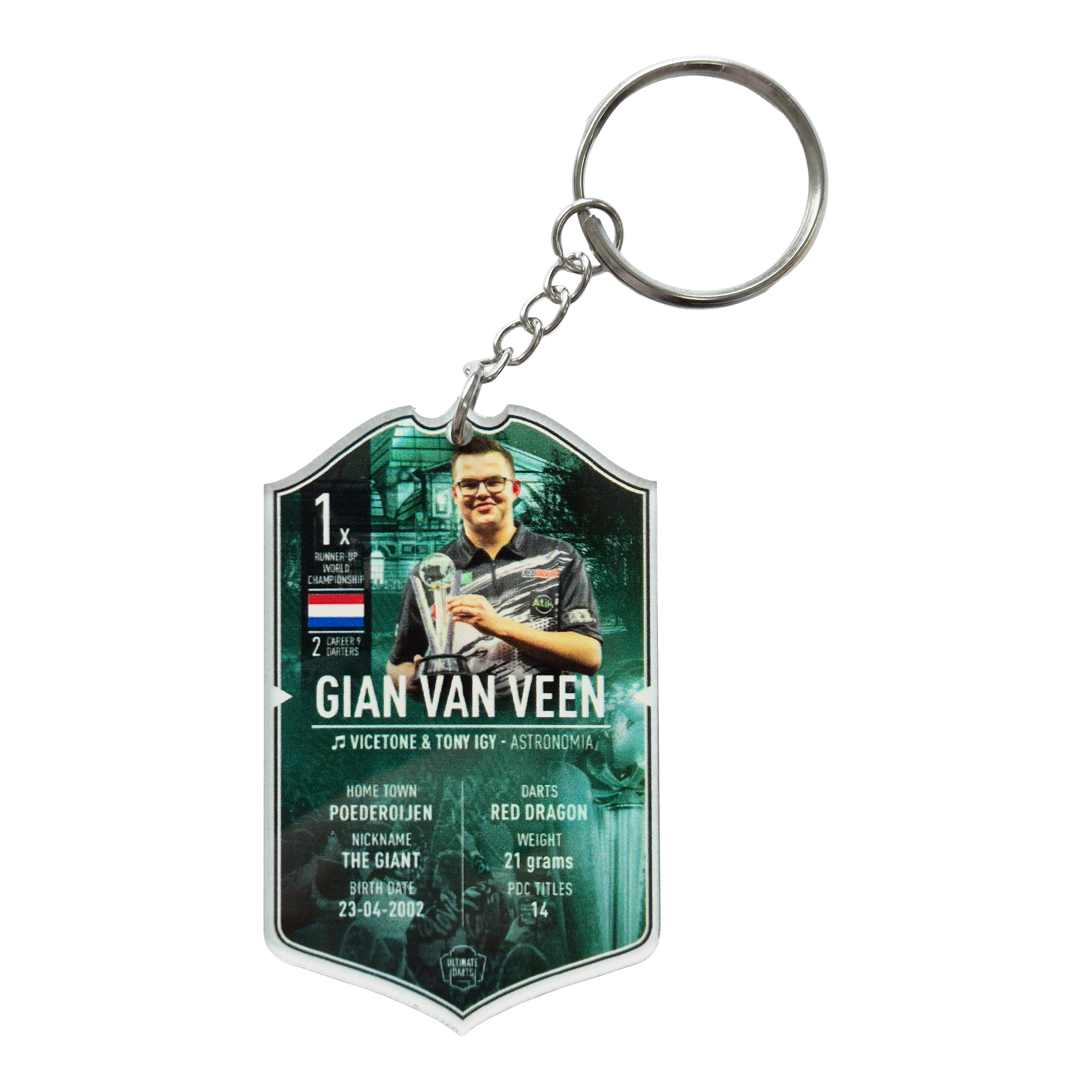 Porte-clés carte de fléchettes ultime - Gian Van Veen Ultimate Darts Card Schlüsselanhänger - Gian Van Veen ist abgebildet. Es handelt sich um einen Schlüsselanhänger mit dem Bild des Dartspielers Gian Van Veen.