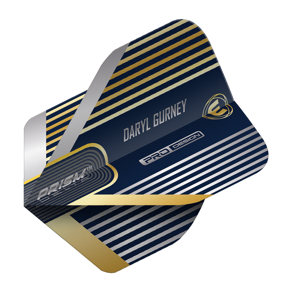 Winmau Prism Delta Daryl Gurney No2 Vols Standard Das Bild zeigt ein Dartflight mit dem Namen "Winmau Prism Delta Daryl Gurney No2 Standard Flights". Das Design ist dunkelblau mit silbernen und goldenen Streifen sowie dem Schriftzug "Daryl Gurney".