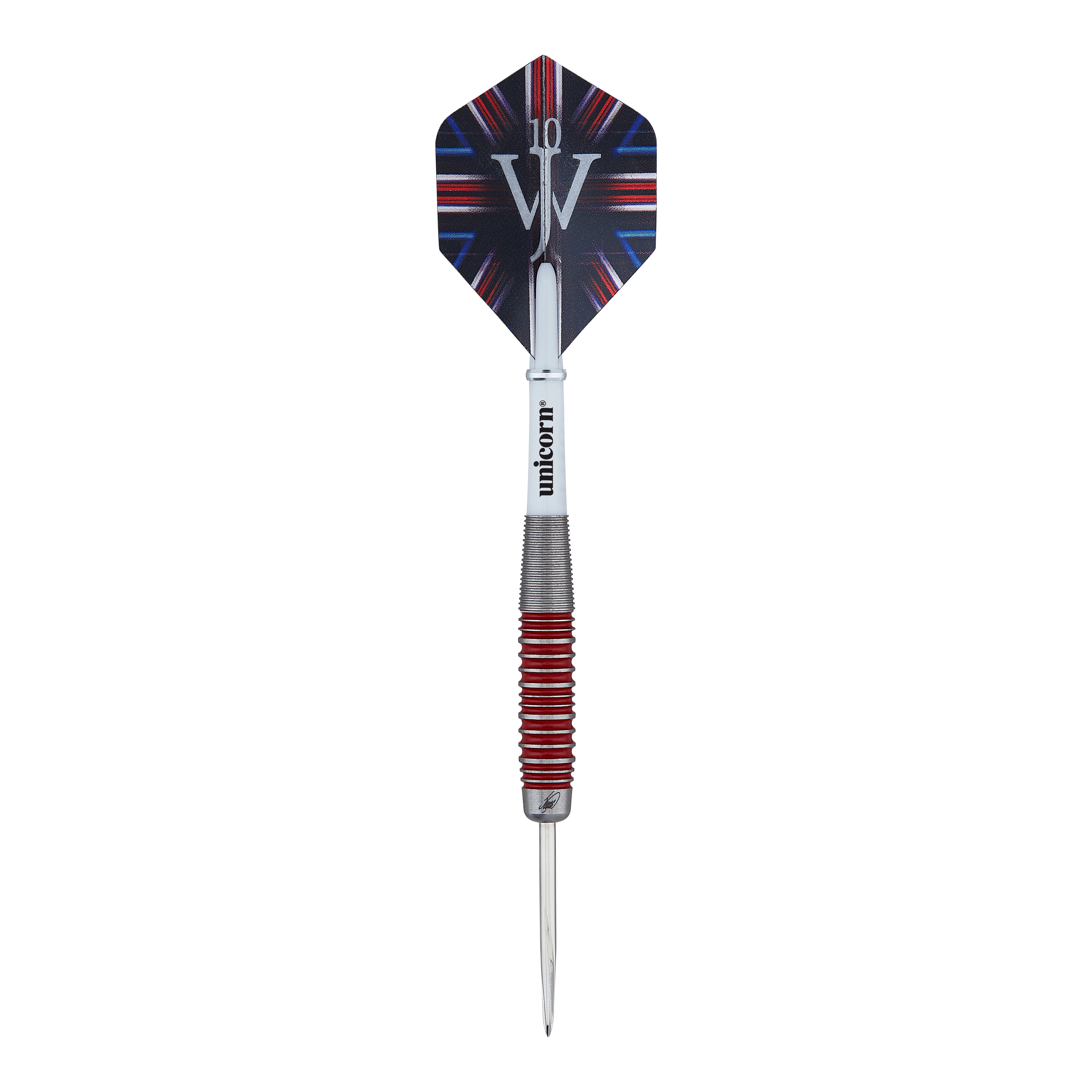 Fléchettes Unicorn The Machine James Wade 90% acier Auf dem Bild ist ein Steeldart der Marke Unicorn zu sehen, Modell "The Machine James Wade 90%". Der Dart hat ein silbernes Griffstück mit roten Ringen und eine Flight mit dem Logo "JW".