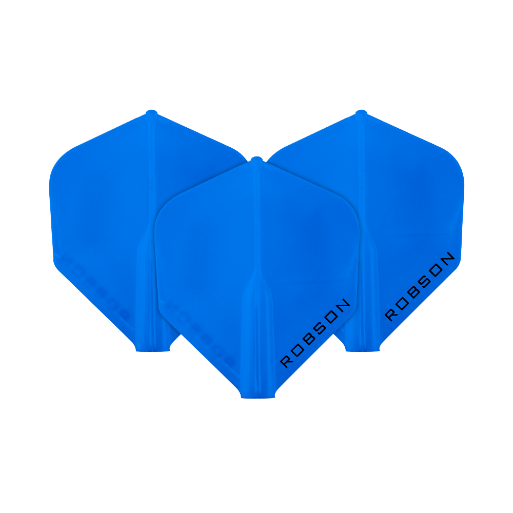 Das Bild zeigt drei blaue Dart-Flights der Marke Robson. Auf jedem Flight steht das Wort "ROBSON" in schwarzer Schrift.