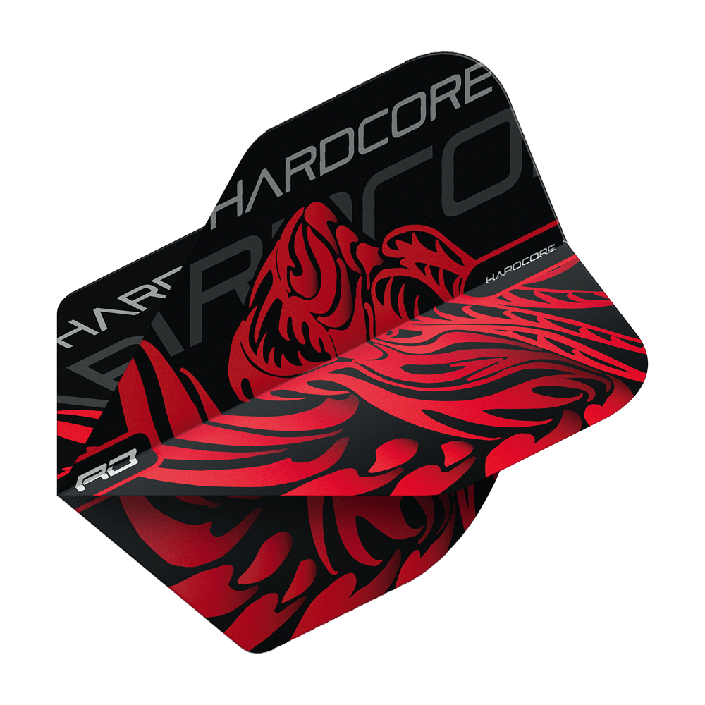 TF6537_Red_Dragon_Hardcore_Jonny_Clayton_Dragon_Standard_Flights_2 Das Bild zeigt ein Dart-Flight mit dem Namen "Red Dragon Hardcore Jonny Clayton Dragon Standard Flights". Das Flight ist schwarz und rot gestaltet und zeigt ein Drachenmotiv sowie den Schriftzug "HARDCORE".