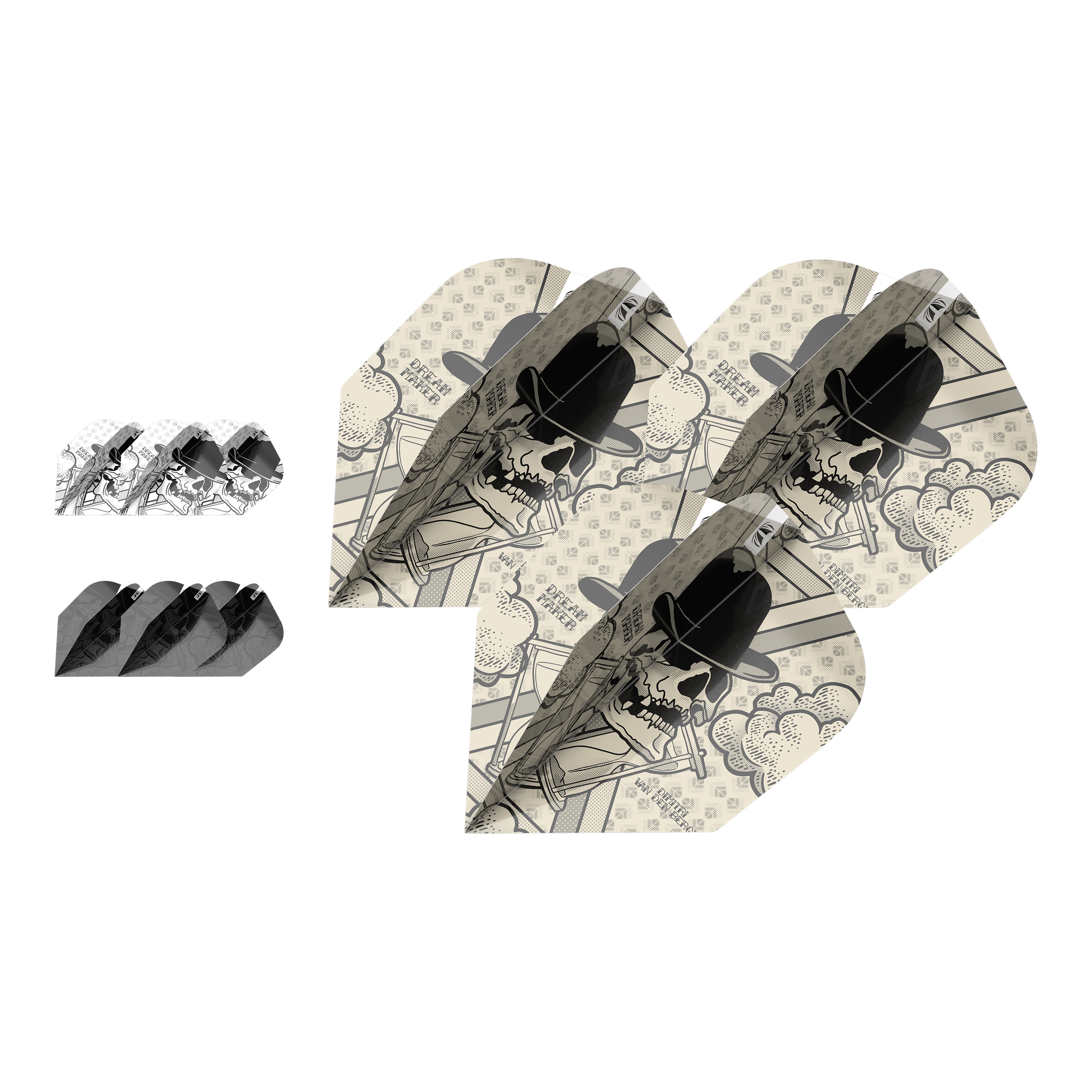 Target Ink Bundle 3 ensembles de vols Dimitri Van Den Bergh No6 Das Bild zeigt drei Sets Dimitri Van Den Bergh No6 Flights aus der Target Ink Bundle Serie. Die Flights haben ein auffälliges Design mit einem Totenkopf, der einen Hut trägt.