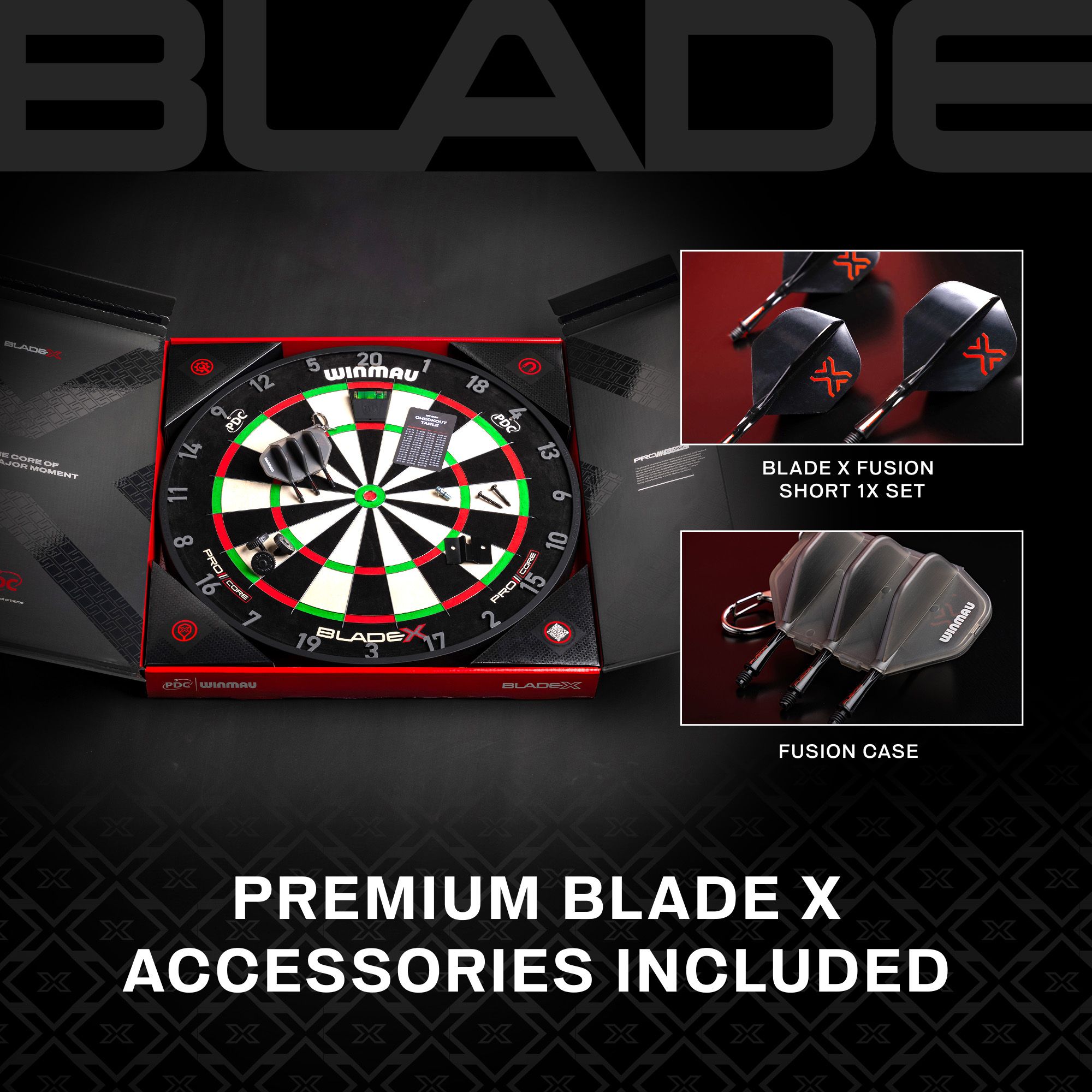 Cible de fléchettes en acier Winmau Blade X ProCore Das Bild zeigt eine Detailaufnahme des Winmau Blade X ProCore Steeldartboards. Es hebt die Besonderheiten der Scheibe hervor.