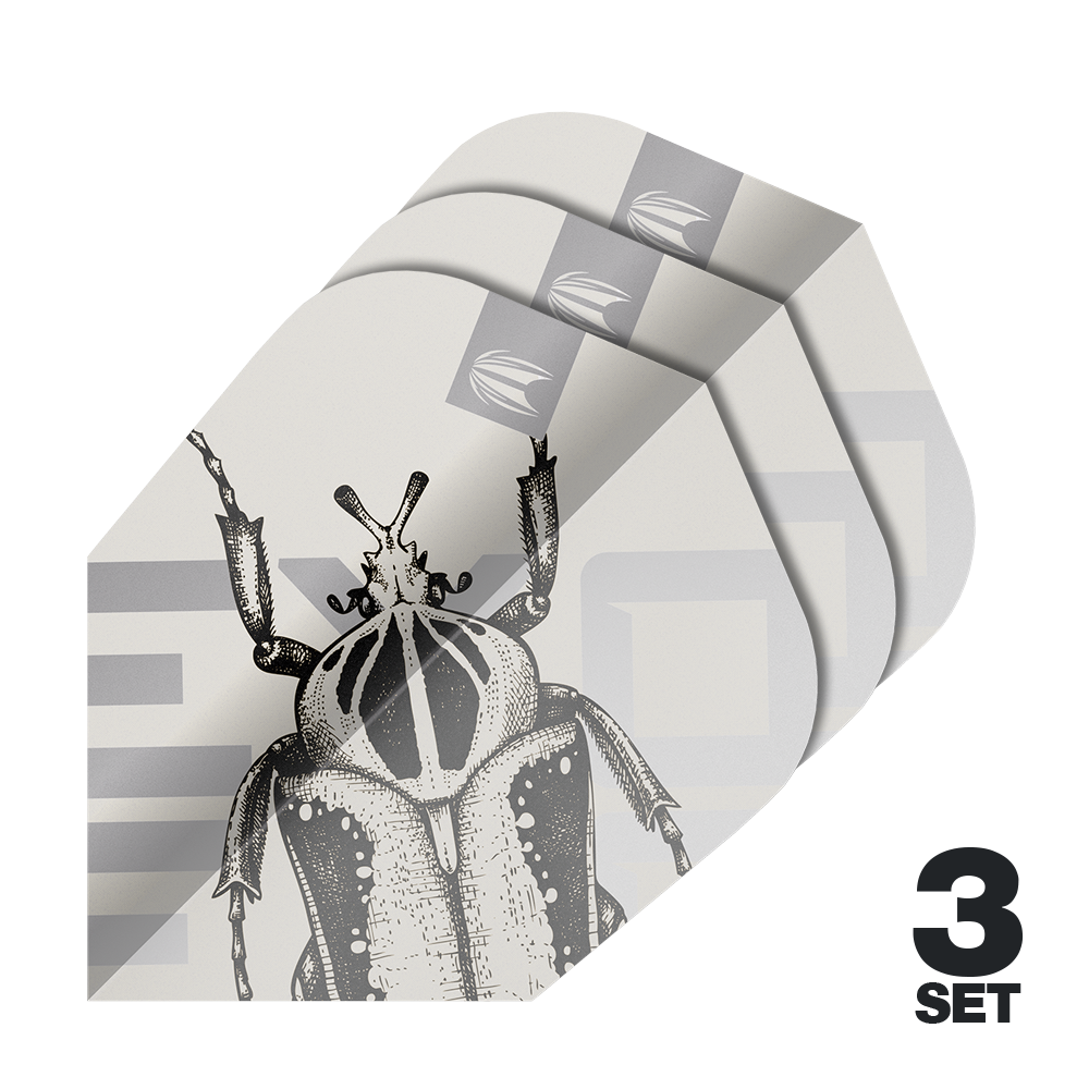 Vols Target Pro Ultra Exo 2.0 Ten-X - 3 jeux Das Bild zeigt drei Sätze Target Pro Ultra Exo 2.0 Ten-X Flights für Darts. Auf den Flights ist eine schwarz-weiße Zeichnung eines Insekts abgebildet.