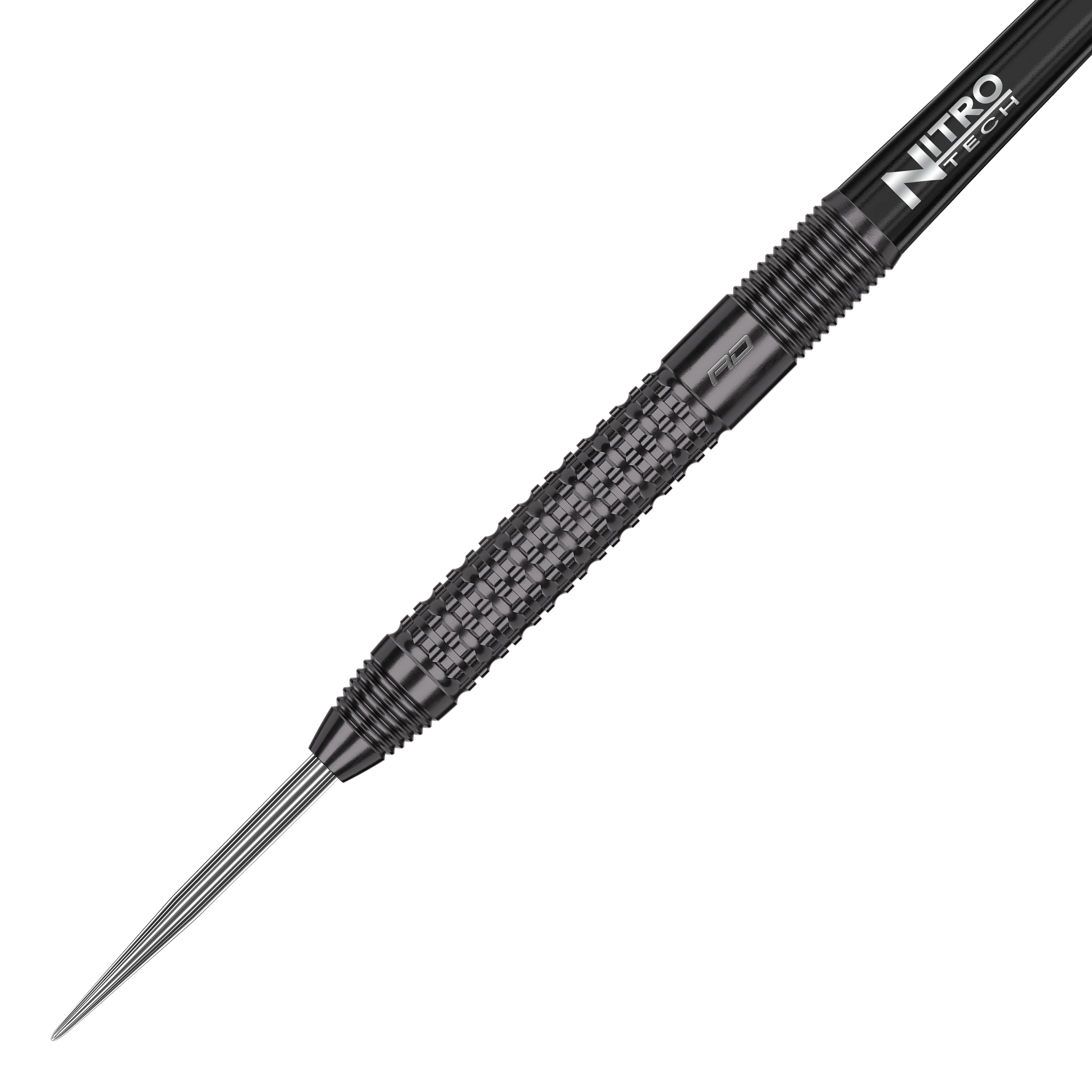 Fléchettes en acier Red Dragon T-800 Das Bild zeigt einen Red Dragon T-800 Steeldart. Der Dartpfeil hat ein schwarzes, strukturiertes Griffstück und eine scharfe Metallspitze.