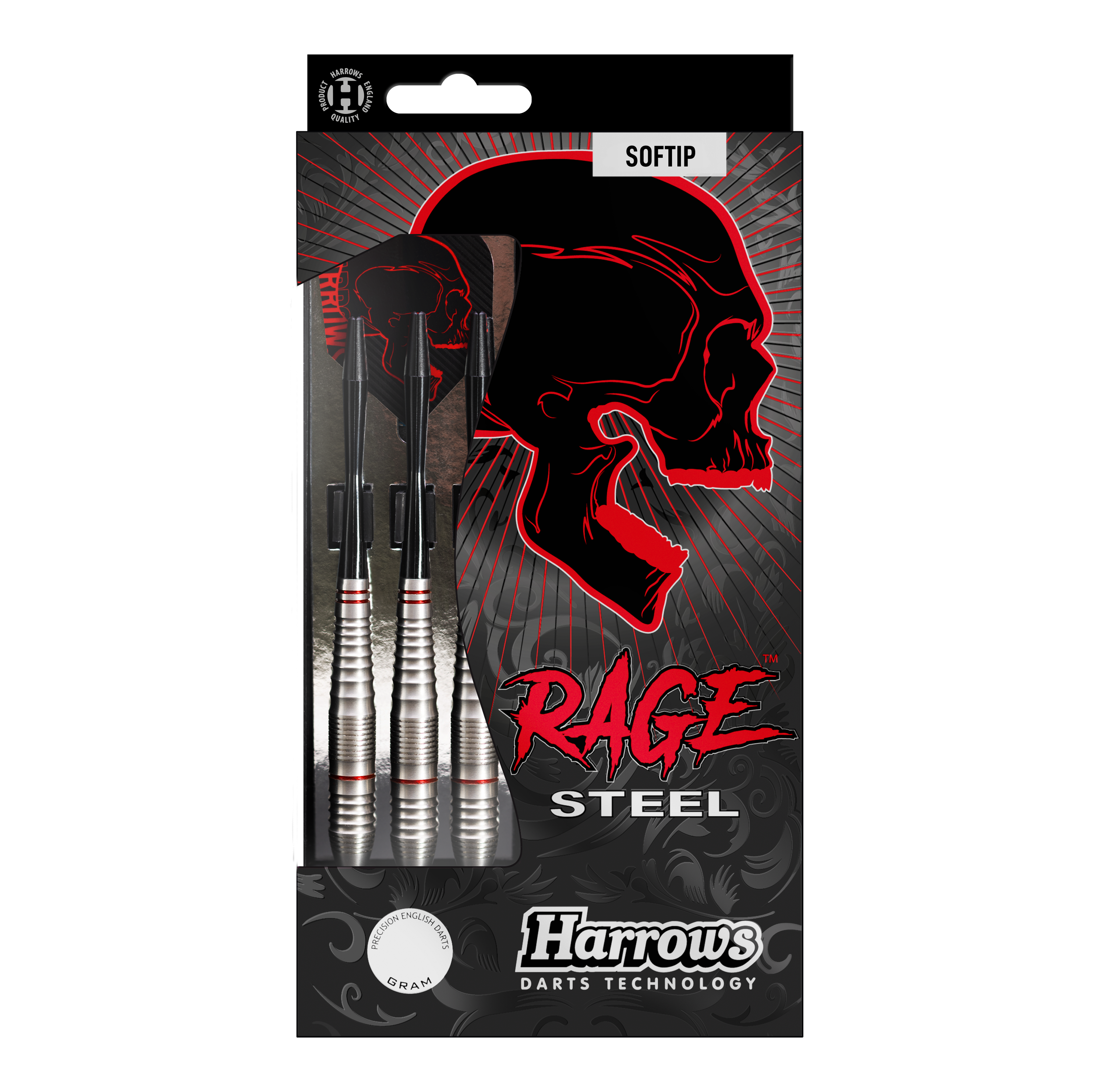 Fléchettes souples Harrows Rage Das Bild zeigt eine Packung Harrows Rage Softdarts mit drei silbernen Darts. Auf der Verpackung ist ein roter Totenkopf und der Schriftzug "Rage" auffällig zu sehen.