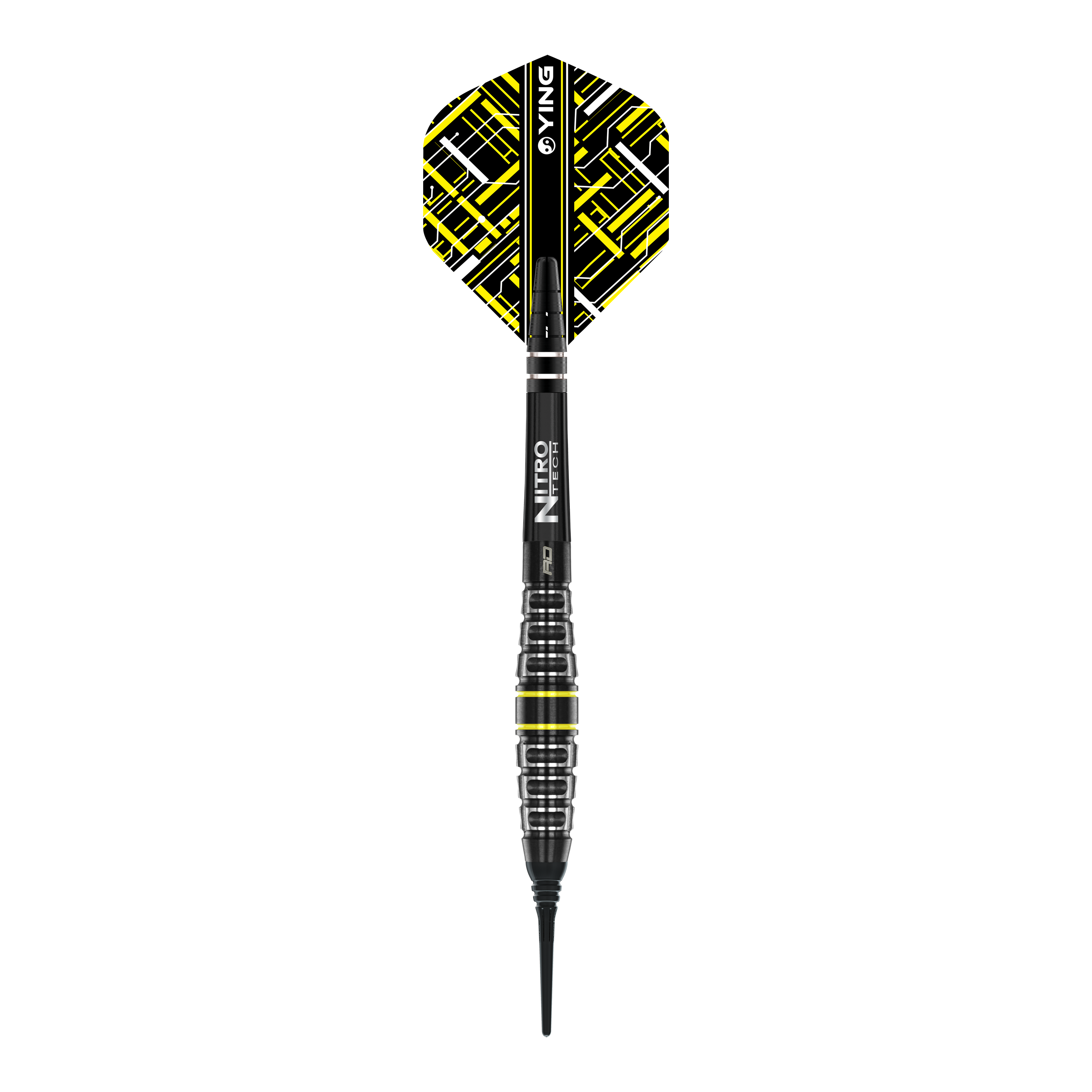 Fléchettes souples Red Dragon Astraeus Q4X Torpedo - 20 g Das Bild zeigt den Red Dragon Astraeus Q4X Torpedo Softdart mit einem Gewicht von 20g. Der Dart hat ein modernes Design mit schwarzen und gelben Akzenten.