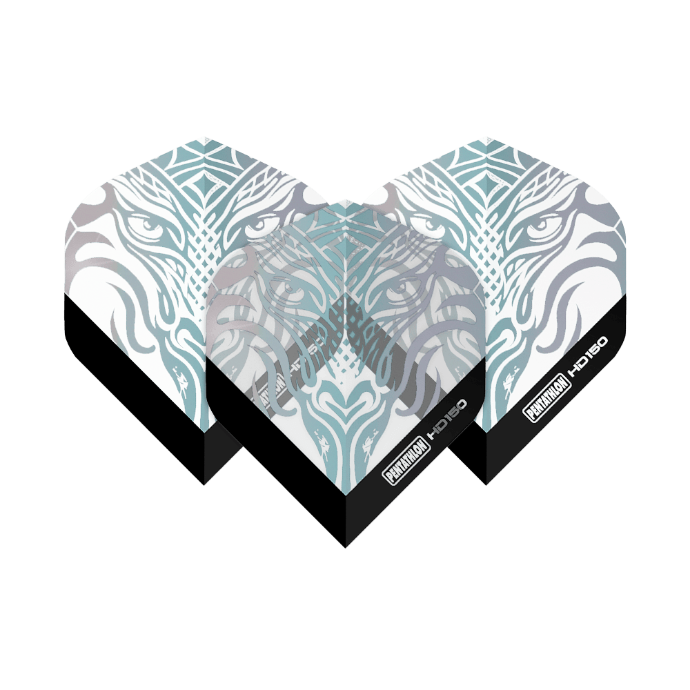 Vols standard transparents métalliques Pentathlon HD150 Das Bild zeigt die Pentathlon HD150 Metallic Clear Standard Flights mit einem stilisierten, tierischen Gesichtsmuster. Die Flights sind größtenteils durchsichtig mit silbernen und metallischen Akzenten sowie schwarzem Rand unten.