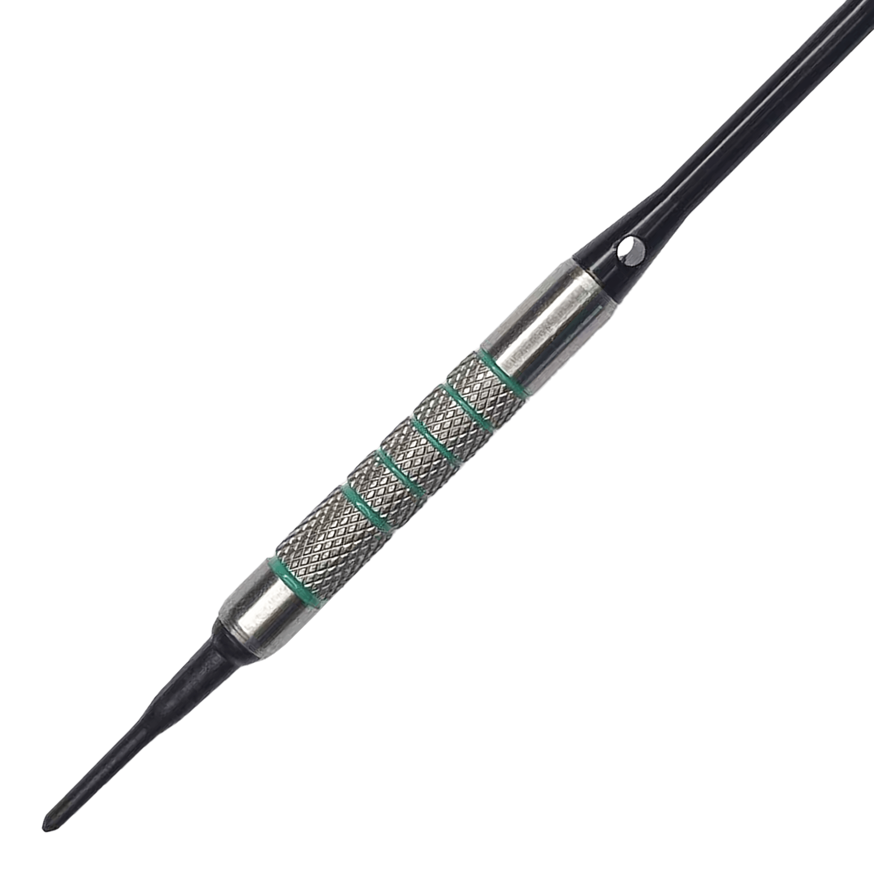 Fléchettes souples McDart 85 Tungstène V7 - 16,5 g Das Bild zeigt einen McDart 85er Tungsten V7 Softdart mit einem Gewicht von 16,5g. Der Dart hat eine strukturierte silberne Griffzone mit grünen Akzenten und einer schwarzen Kunststoffspitze.