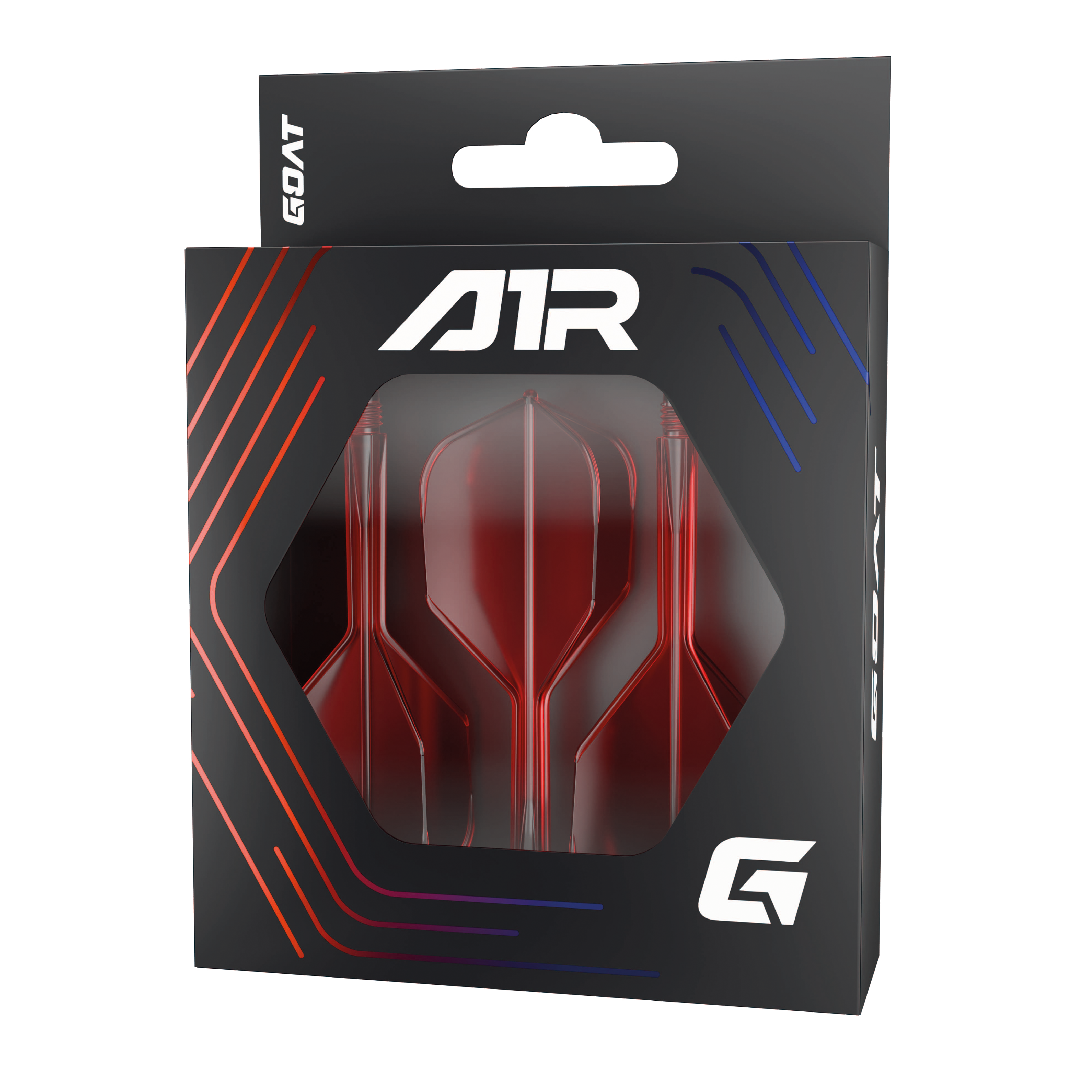 Système d'arbre de vol GOAT A1R n° 6 - Rouge Die Abbildung zeigt das Produkt "GOAT A1R No6 Flight-Shaft-System – Rot" in seiner Verpackung. Im Sichtfenster der Schachtel sind drei rote Dart-Flights und -Schäfte zu sehen.