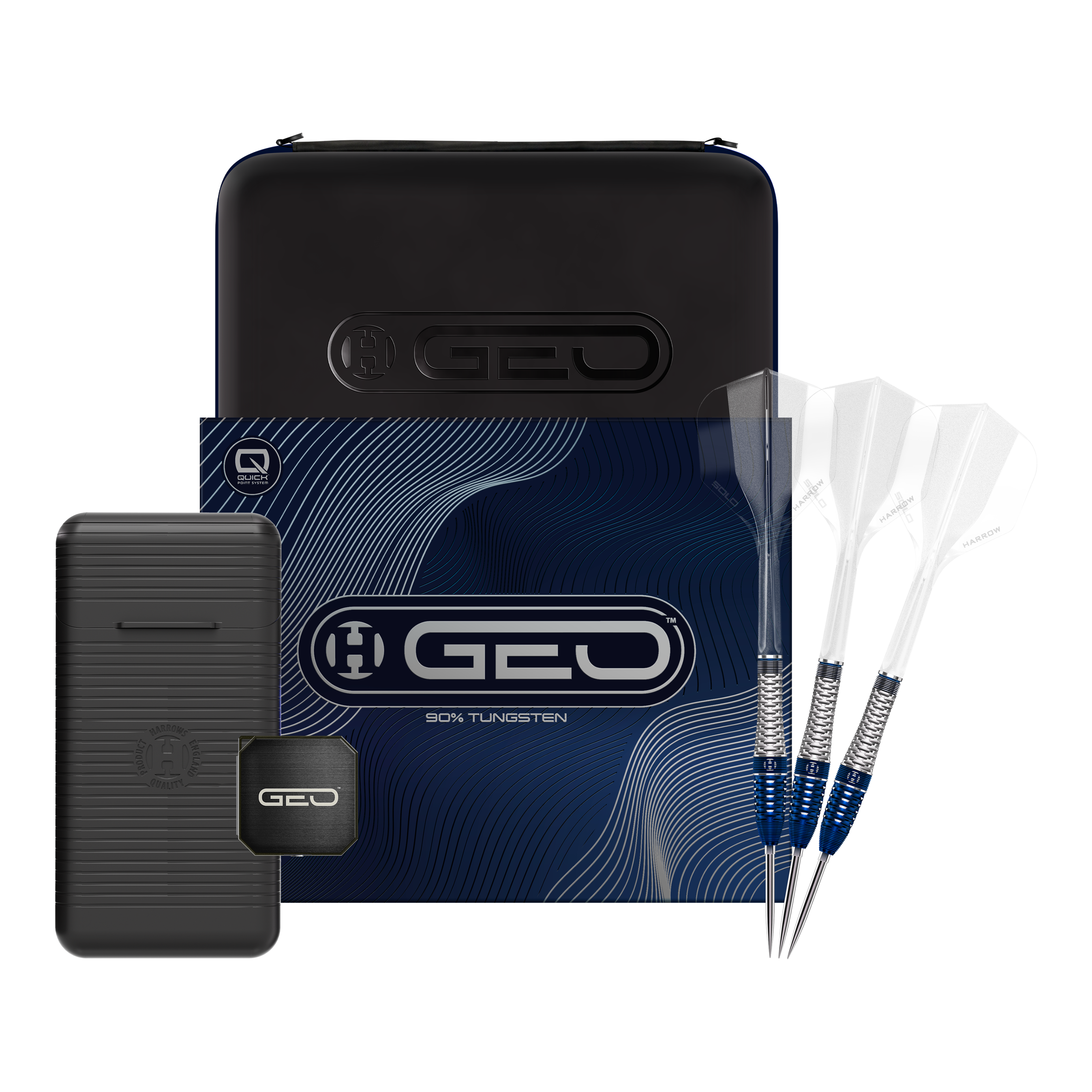 Zu sehen ist das Produkt Harrows GEO Bomb Quick Point Steeldarts. Diese Darts zeichnen sich durch ihre hochwertige Verarbeitung aus.