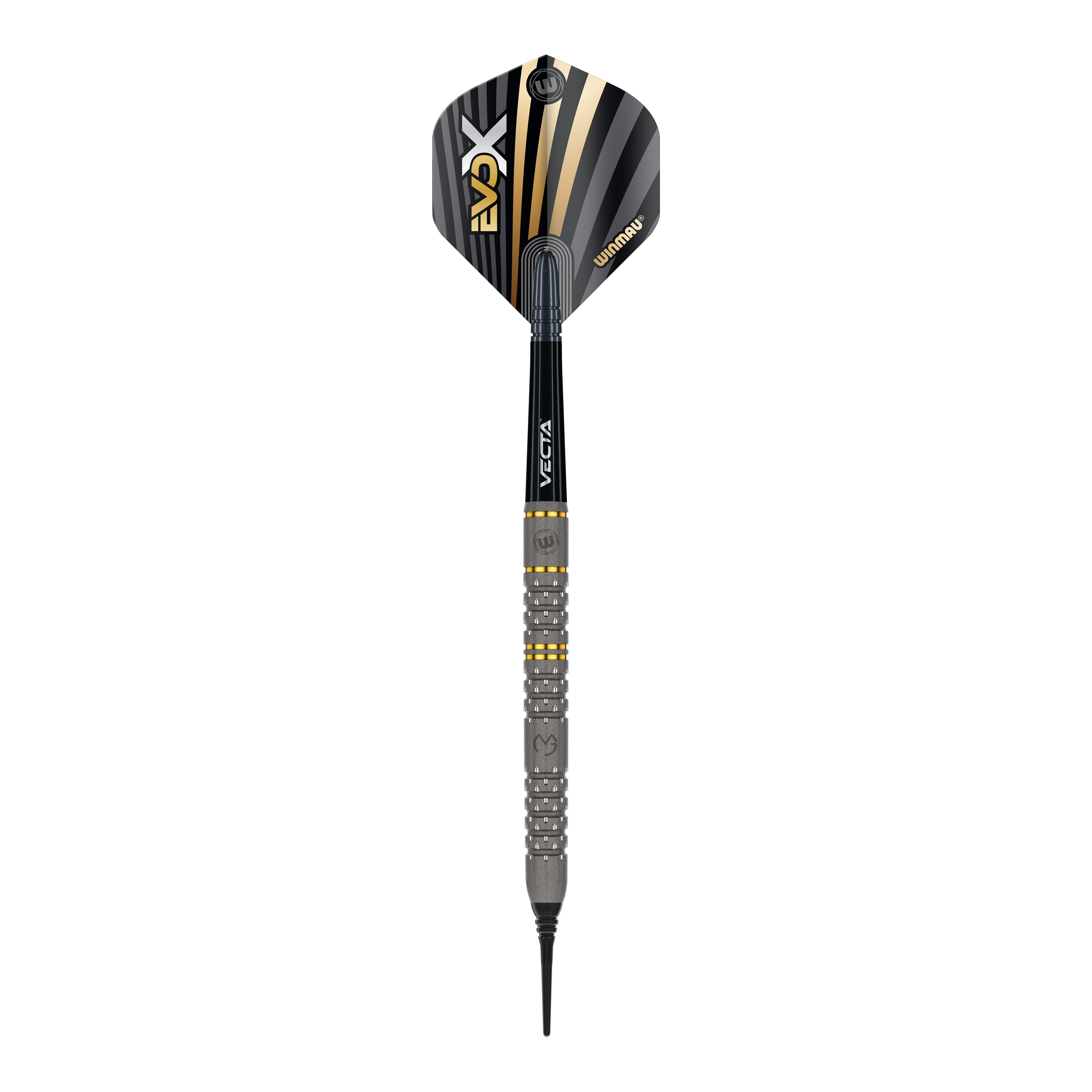 Winmau Michael Van Gerwen Evo-X fléchettes souples - 20g Das Bild zeigt einen Winmau Michael Van Gerwen Evo-X Softdart mit einem Gewicht von 20g. Der Dart hat ein modernes Design mit schwarz-goldenen Akzenten und einer strukturierten Griffzone.