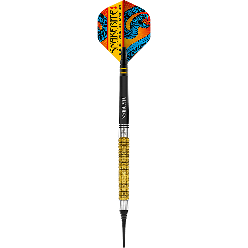 Das Bild zeigt einen Softdart mit goldfarbenem Griff und bunter Spitze. Auf dem Flight steht "Snakebite Double World Champion" und es ist ein blauer Drache abgebildet.