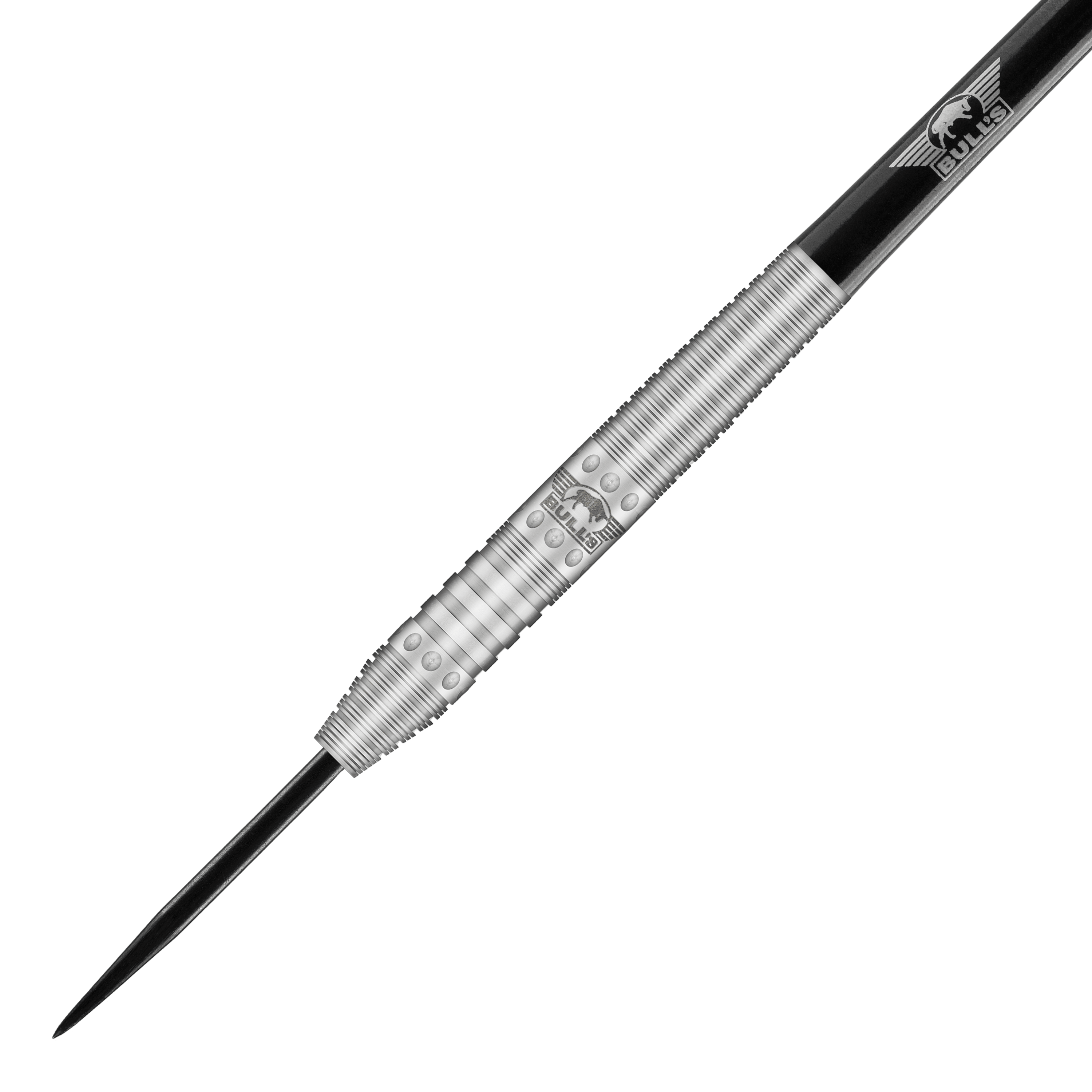 Bulls NL Richard Veenstra 80 fléchettes en acier - 23g Das Bild zeigt einen silbernen Steeldartpfeil mit schwarzer Spitze und silbernen Ringen. Auf dem Barrel ist das Logo von Bulls NL eingraviert.