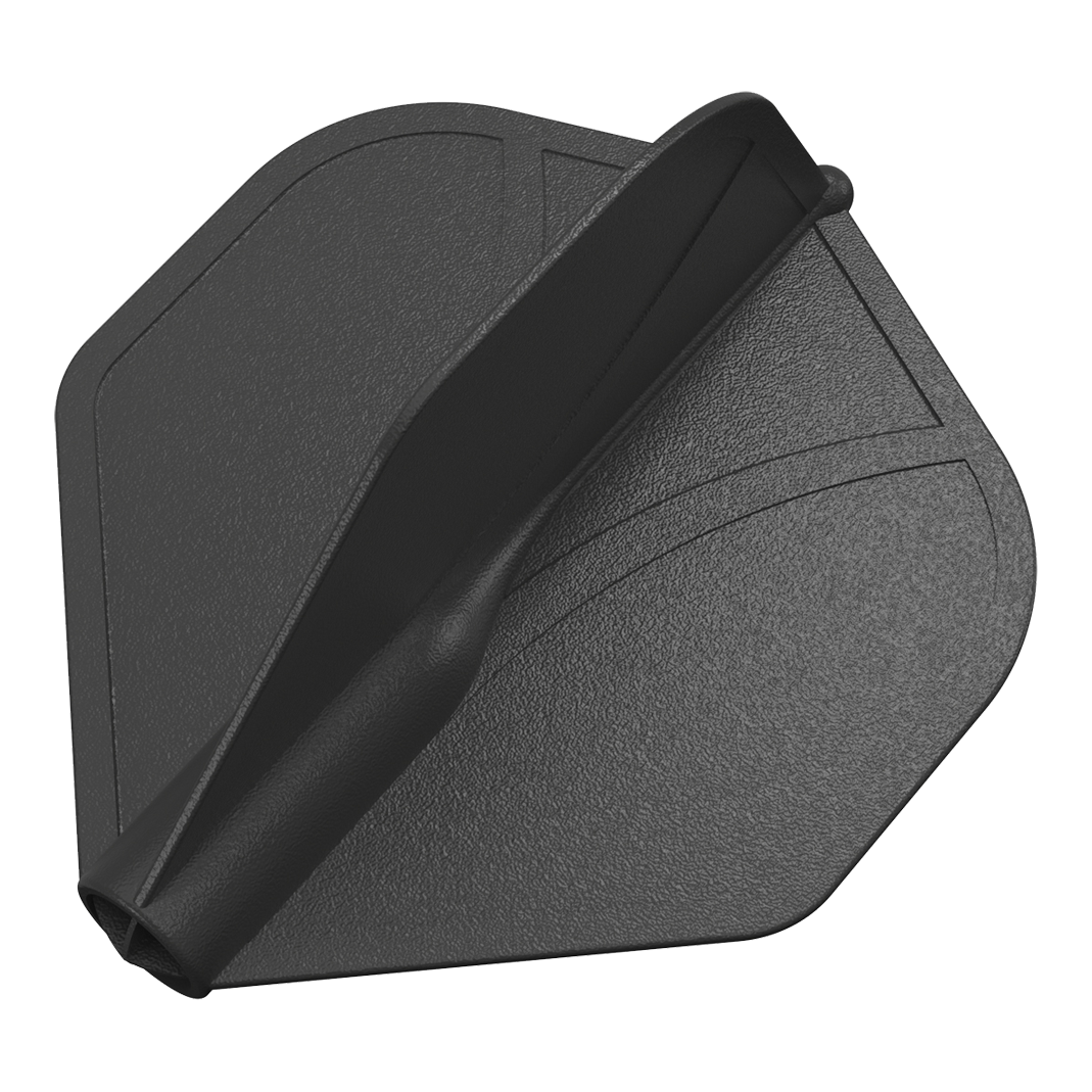 Profil aérodynamique moulé n°2 Vols standard Das Bild zeigt eine schwarze, geformte Dart-Flügel aus Kunststoff. Die Oberfläche ist leicht strukturiert und hat eingeprägte Linien.