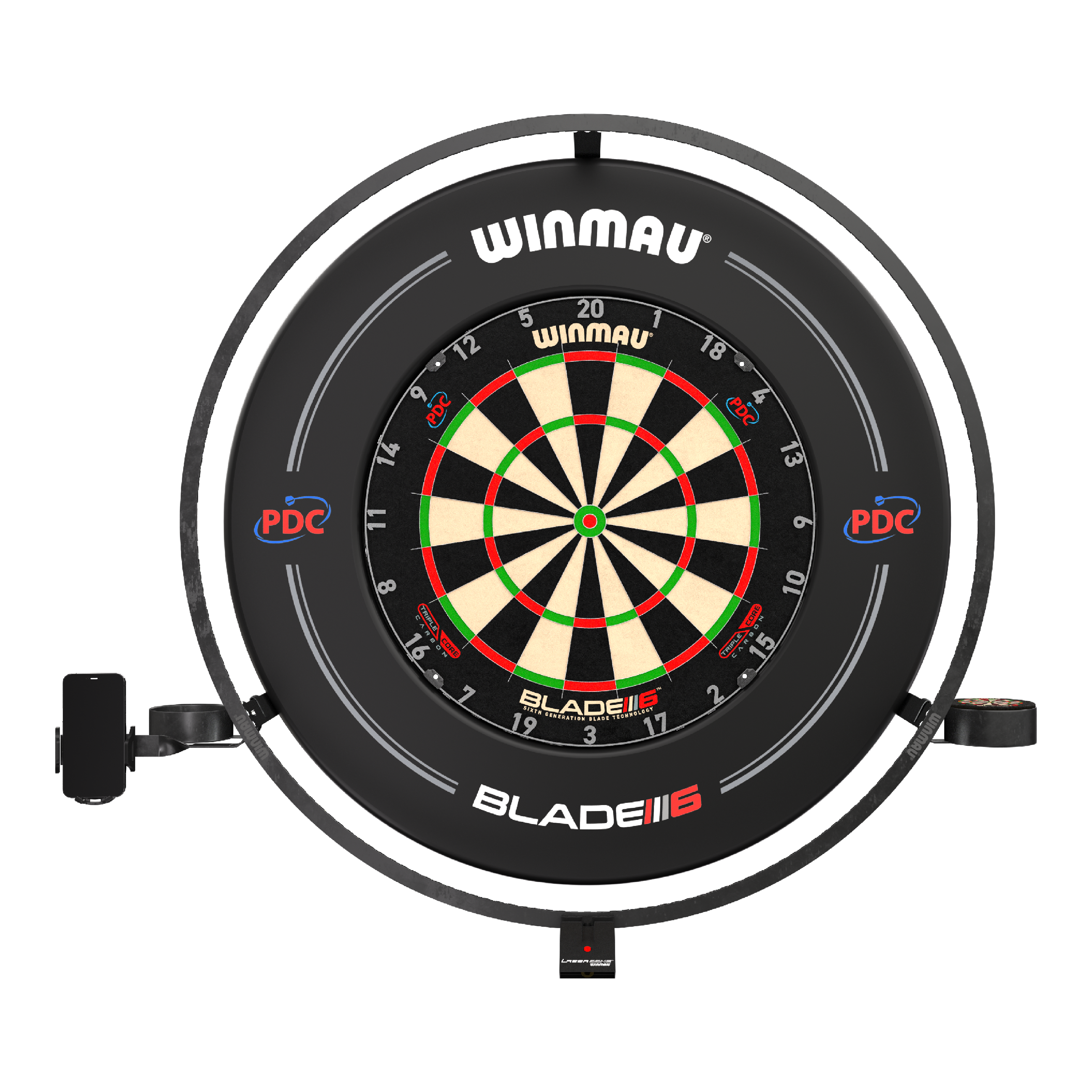 Ensemble d'accessoires plasma Winmau Das Bild zeigt das Produkt "Winmau Plasma Zubehör Set" mit einer Dartscheibe und einem umgebenden LED-Leuchtring. Das Set ist für professionelles Dartspielen geeignet und trägt das PDC-Logo.