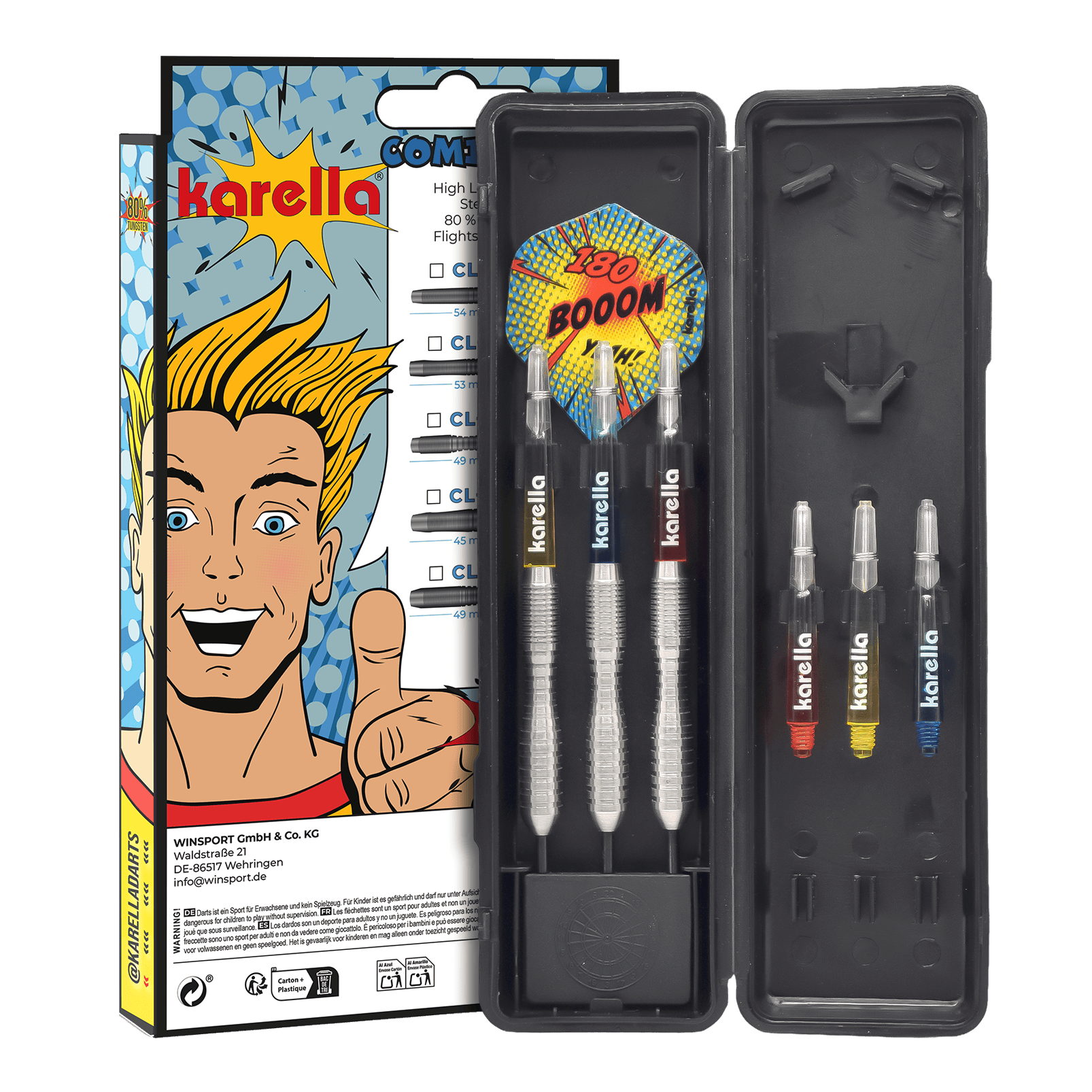 Fléchettes en acier Karella Comic Line CL-3 - 24 g Die Abbildung zeigt die Karella Comic Line CL-3 Steeldarts mit einem Gewicht von 24g. Die Darts sind für den professionellen Einsatz geeignet und haben ein ansprechendes Design.