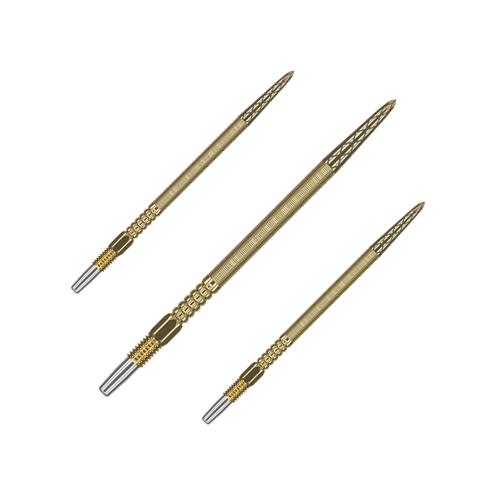 Pointes de fléchettes Target Swiss Point DX - or Das Bild zeigt drei goldene Dartspitzen mit feiner Gravur. Sie sind in einer Reihe nebeneinander angeordnet und haben silberne Endstücke.