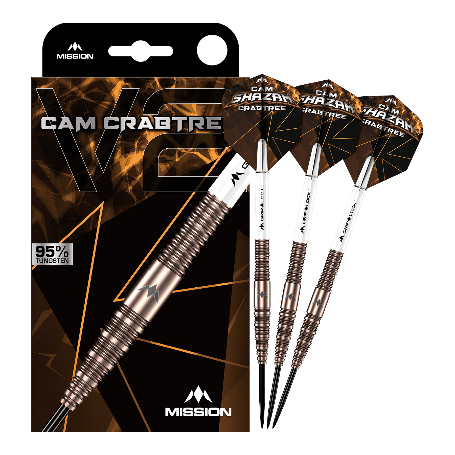 Fléchettes Mission Cam Crabtree V2 en acier tungstène à 95 % Das Bild zeigt die Mission Cam Crabtree V2 Steeldarts in voller Ansicht. Es handelt sich um ein Set von Steeldarts, präsentiert von vorne.