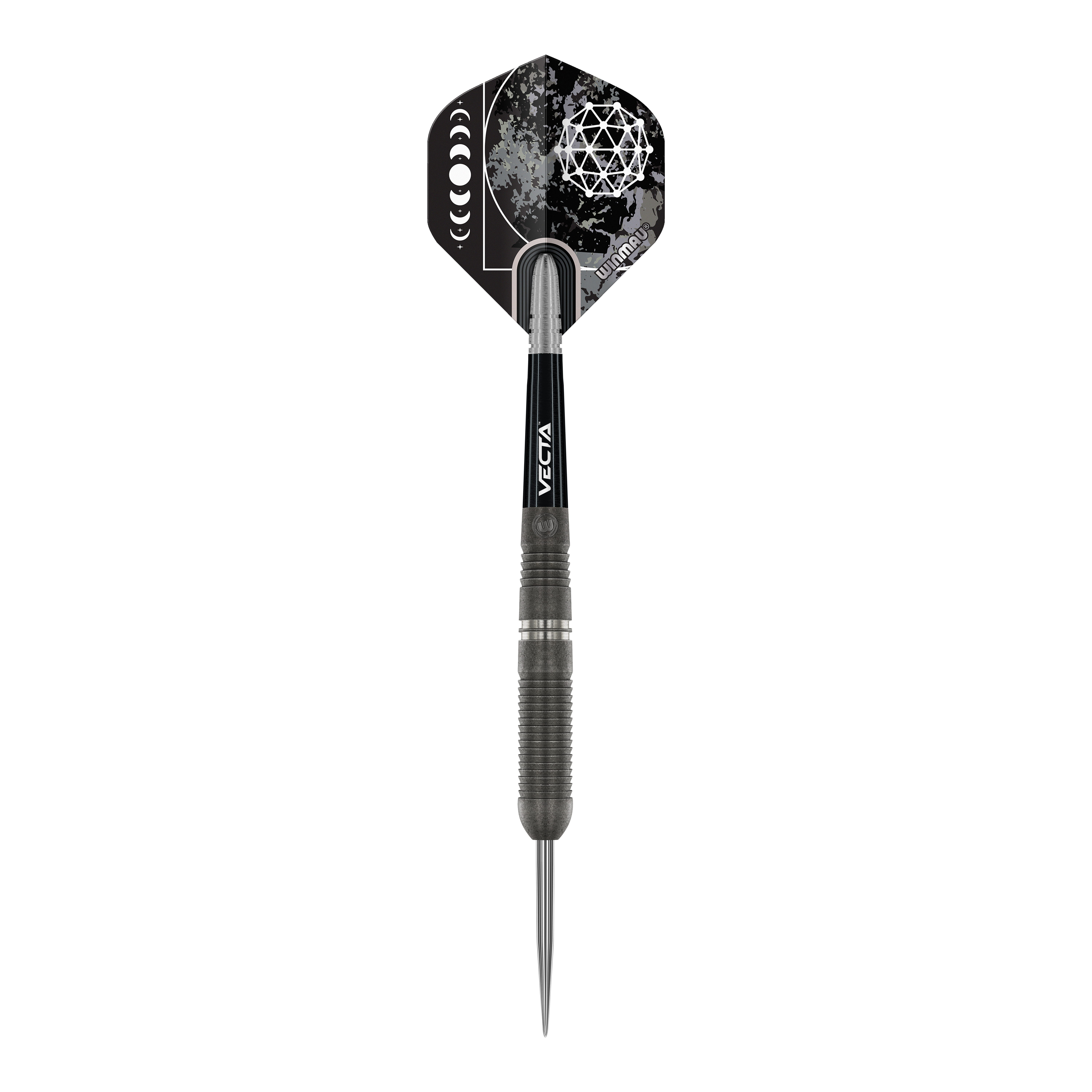 Fléchettes en acier Winmau Callisto 03 Das Bild zeigt einen Winmau Callisto 03 Steeldart. Der Dart ist schwarz mit einem auffälligen, geometrischen Muster auf dem Flight.