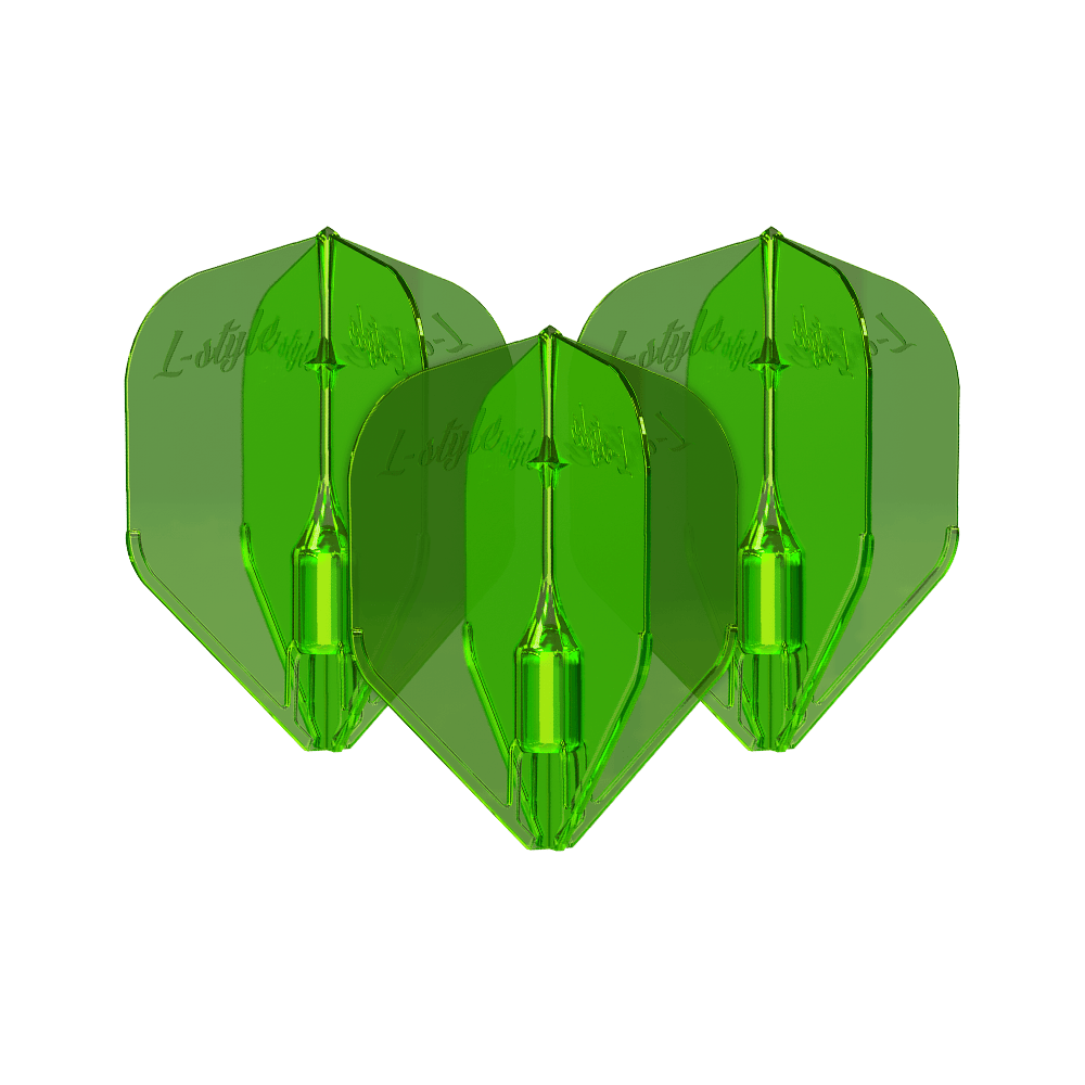 Ailettes L-Style Fantom L3EZ Vert Das Bild zeigt drei grüne L-Style Fantom L3EZ Flights für Dartpfeile. Die Flights sind durchsichtig und haben eine glänzende Oberfläche.