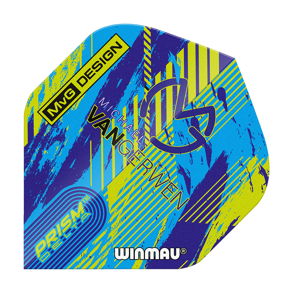 Winmau Delta Michael Van Gerwen Prism 04 Vols standard Das Bild zeigt ein buntes Dartflight mit dem Namen "Winmau Delta Michael Van Gerwen Prism 04 Standard Flights". Auf dem Flight sind verschiedene Schriftzüge und ein modernes Design in Blau, Gelb und Lila zu sehen.
