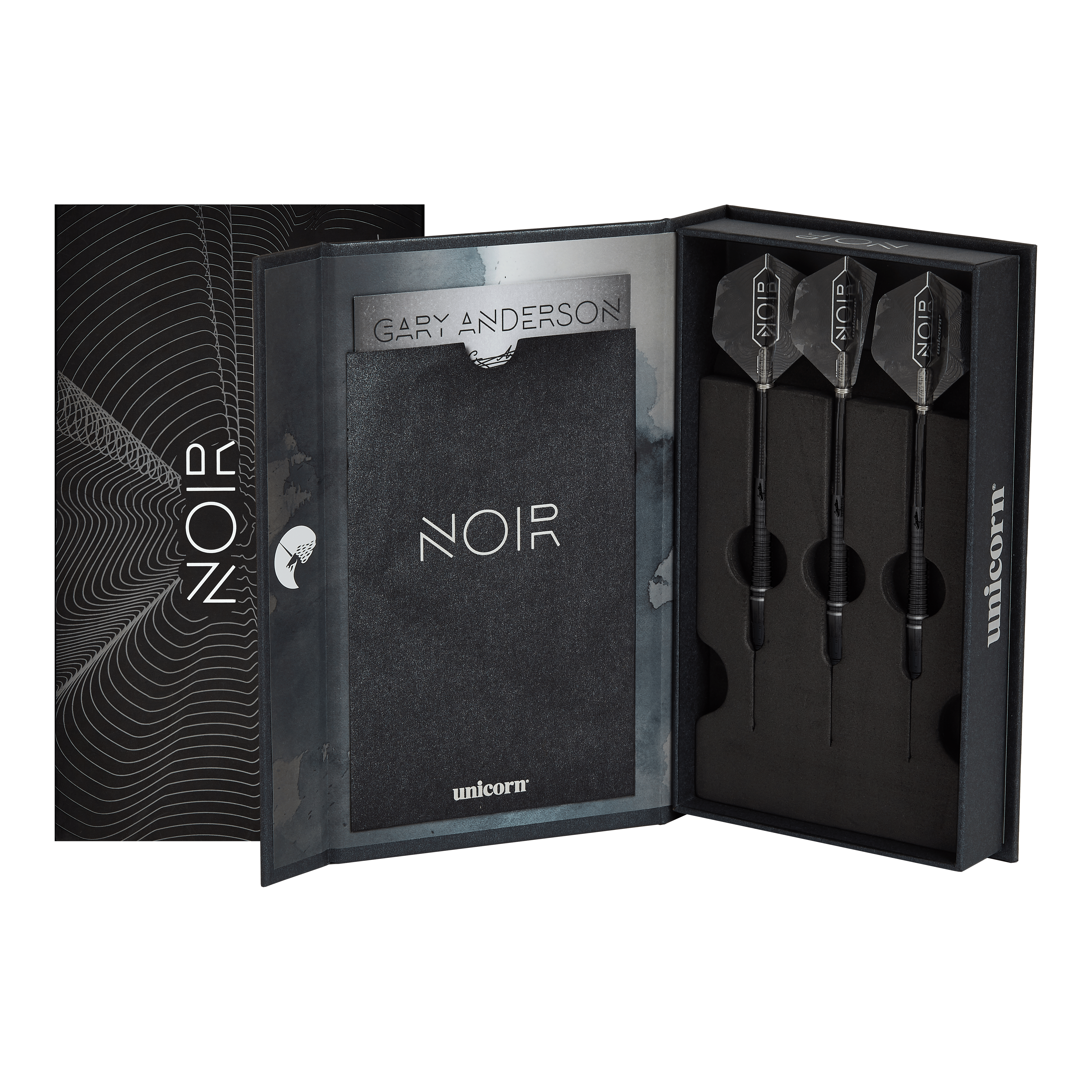 Gary Anderson, champion du monde de la licorne, fléchettes Steeldarts Noir Phase 6 Das Bild zeigt eine elegante schwarze Verpackung mit drei Steeldarts, die als "Unicorn World Champion Gary Anderson Noir Phase 6" bezeichnet werden. Die Darts und die Schachtel sind modern und hochwertig gestaltet.