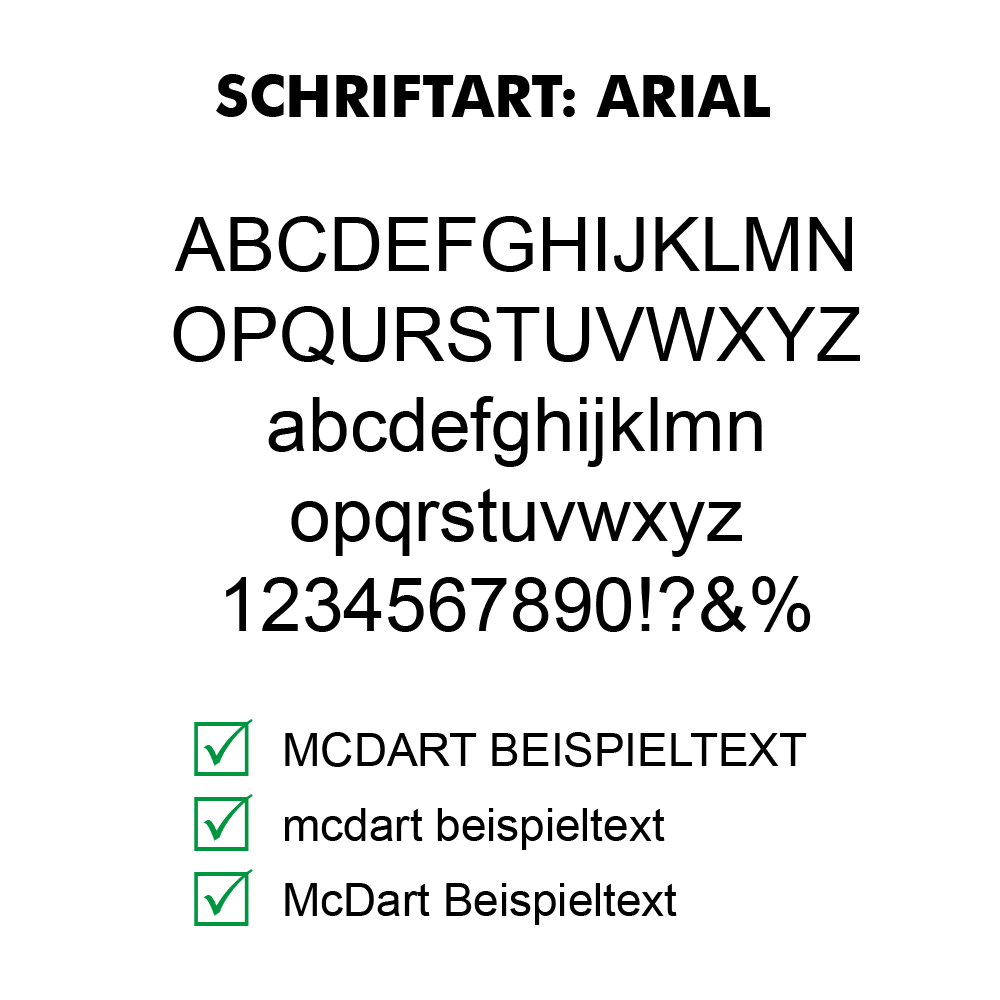 Flightdruck_Schriftart_AriallJyHHriEVk2tJ Der Text im Bild beschreibt die Schriftart Arial. Es werden drei Vorteile genannt: gut lesbar, modern und weit verbreitet (jeweils mit grünem Haken markiert).