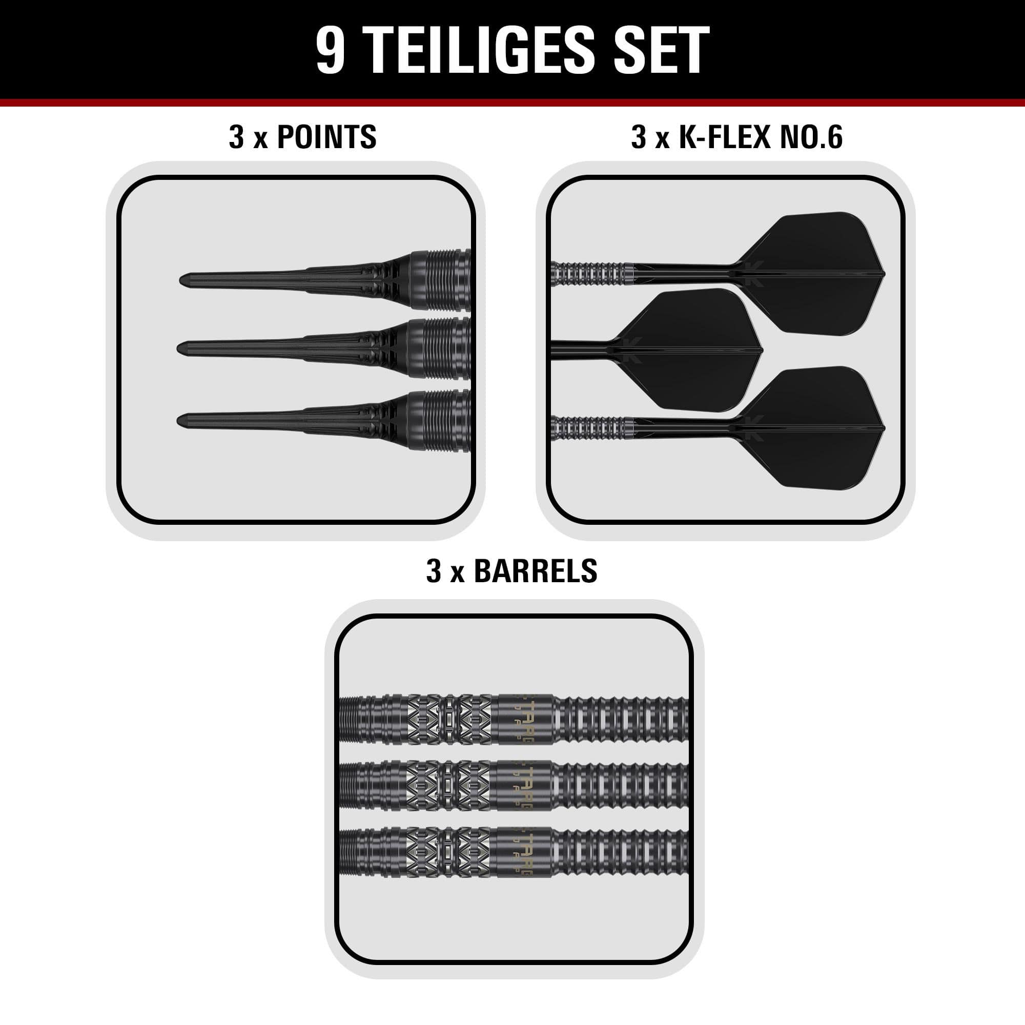 Fléchettes souples Target Black Marque Creed - 21,5 g Produktbild der Target Black Marque Creed Softdarts mit einem Gewicht von 21,5g. Die Darts sind auf hellem Hintergrund abgebildet.