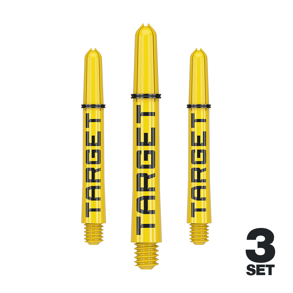 Tiges Target Pro Grip TAG - 3 jeux - Jaune Das Bild zeigt drei gelbe Dart-Schäfte mit der Aufschrift "TARGET". Unten rechts steht "3 SET", was auf ein Set mit drei Stück hinweist.