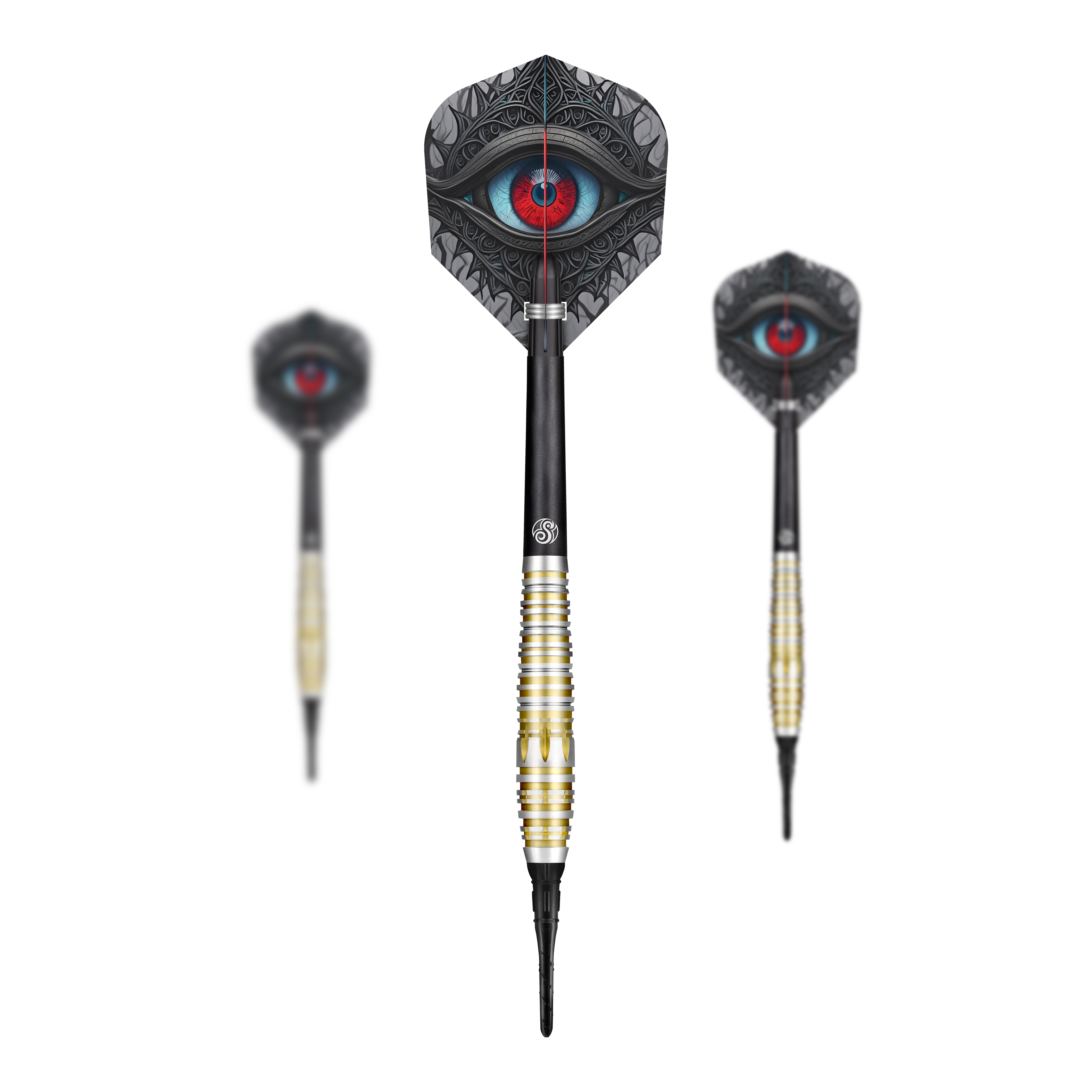 Fléchettes souples Shot Celt Balor Auf dem Bild sind drei Softdarts der Marke Shot Celt Balor zu sehen. Die Flights der Darts zeigen ein auffälliges Auge in leuchtenden Farben.