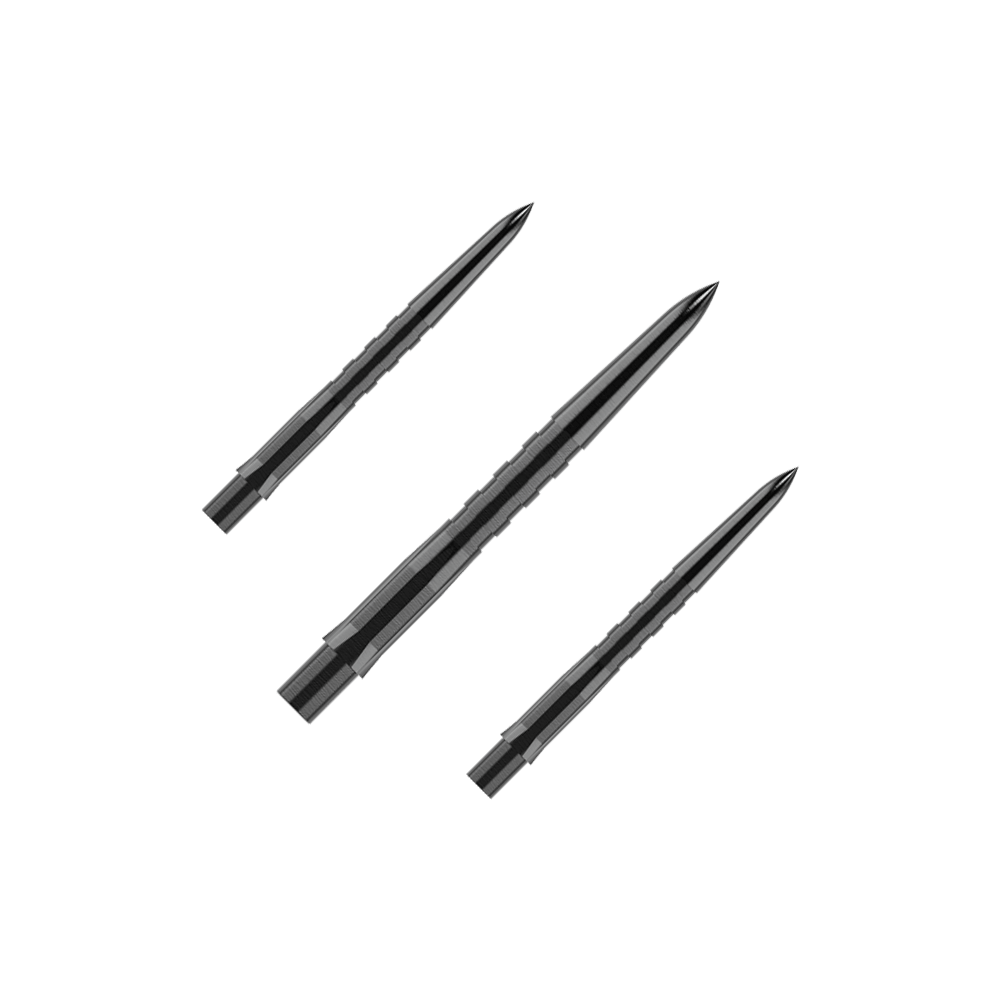 Embouts de fléchettes Mission Caliburn EVO - Rainurés - Noirs Das Bild zeigt drei schwarze, gerillte Steeldartspitzen, die parallel zueinander liegen. Die Spitzen sind spitz zulaufend und haben eine glänzende Oberfläche.