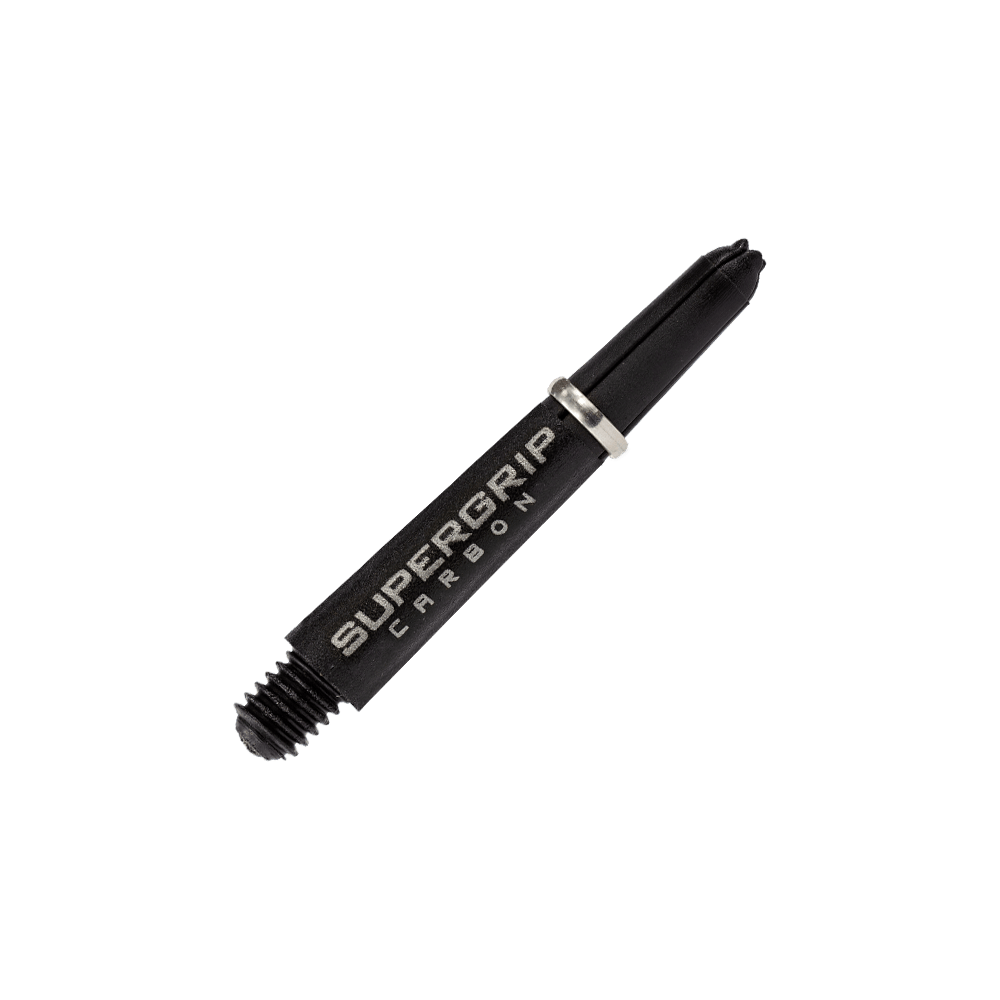 Das Bild zeigt einen Harrows Supergrip Carbon Shaft in Silber. Der Schaft ist schwarz mit silberner Schrift und einem silbernen Ring.