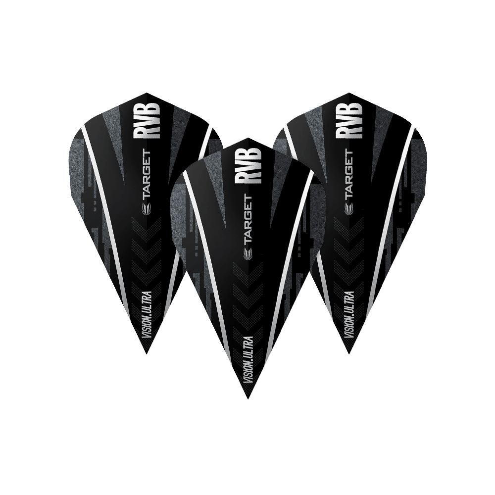 TG58_331780_Target_Ultra_Ghost_RvB_Vapor_Flights_1QEU0GMmfyUfNT Das Bild zeigt drei Dart-Flights des Modells "Target Ultra Ghost RvB Vapor Flights". Sie sind schwarz mit weißen und grauen Akzenten sowie dem Schriftzug "RVB" und "TARGET".